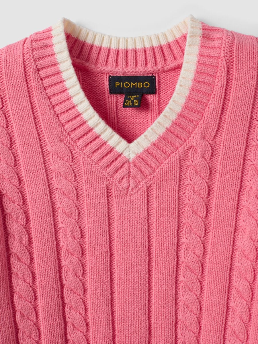 Pink pure cotton cable-knit V-neck jumper for girls_5