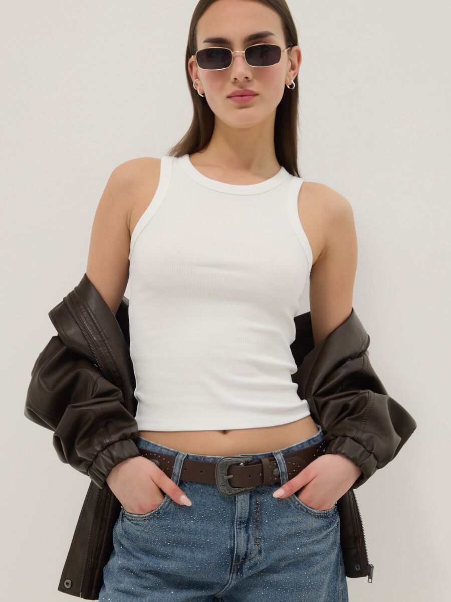 White ribbed fitted stretch-cotton tank top_1