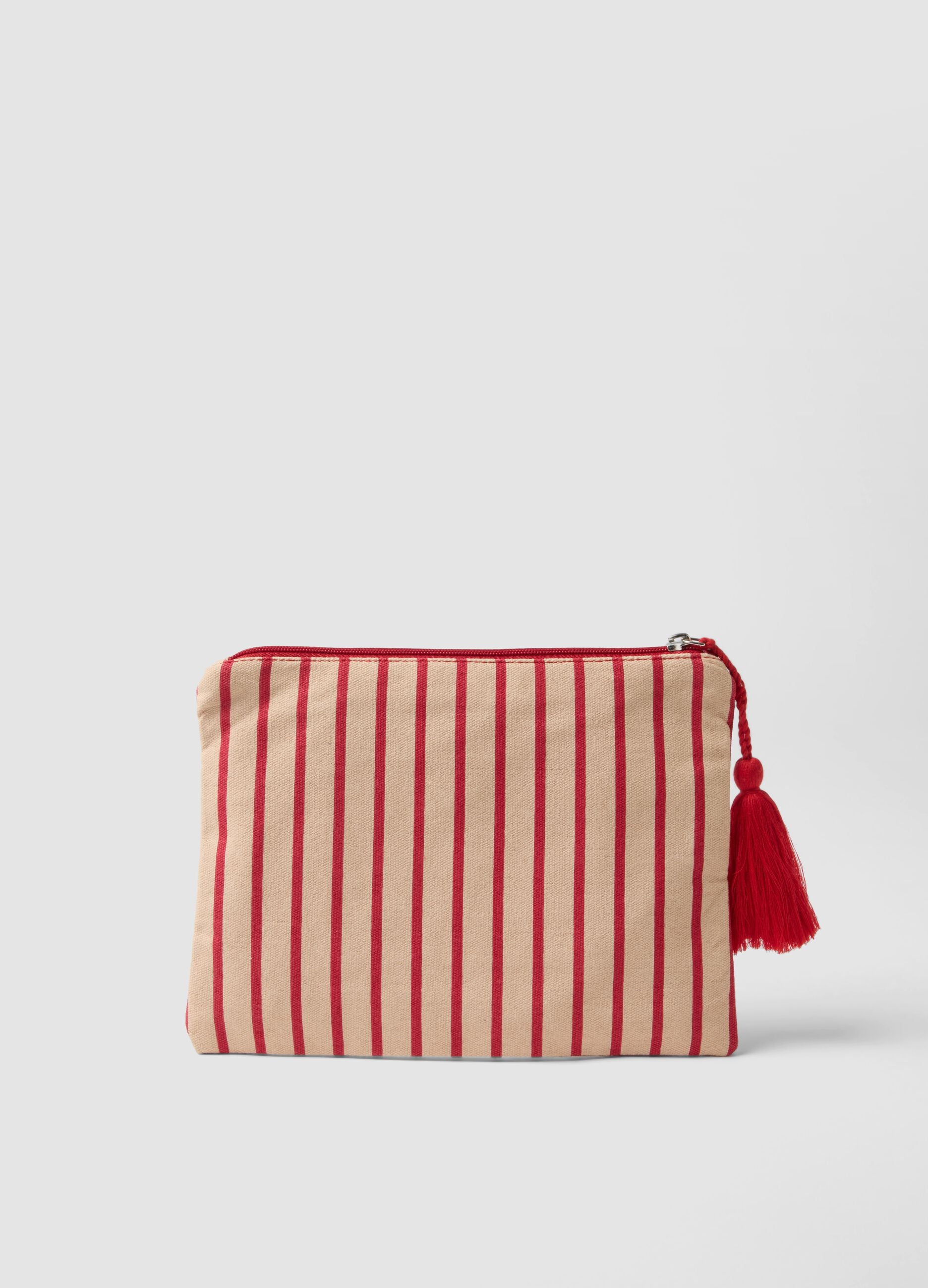 Beige pure cotton pouch with red stripes, tassel and zip