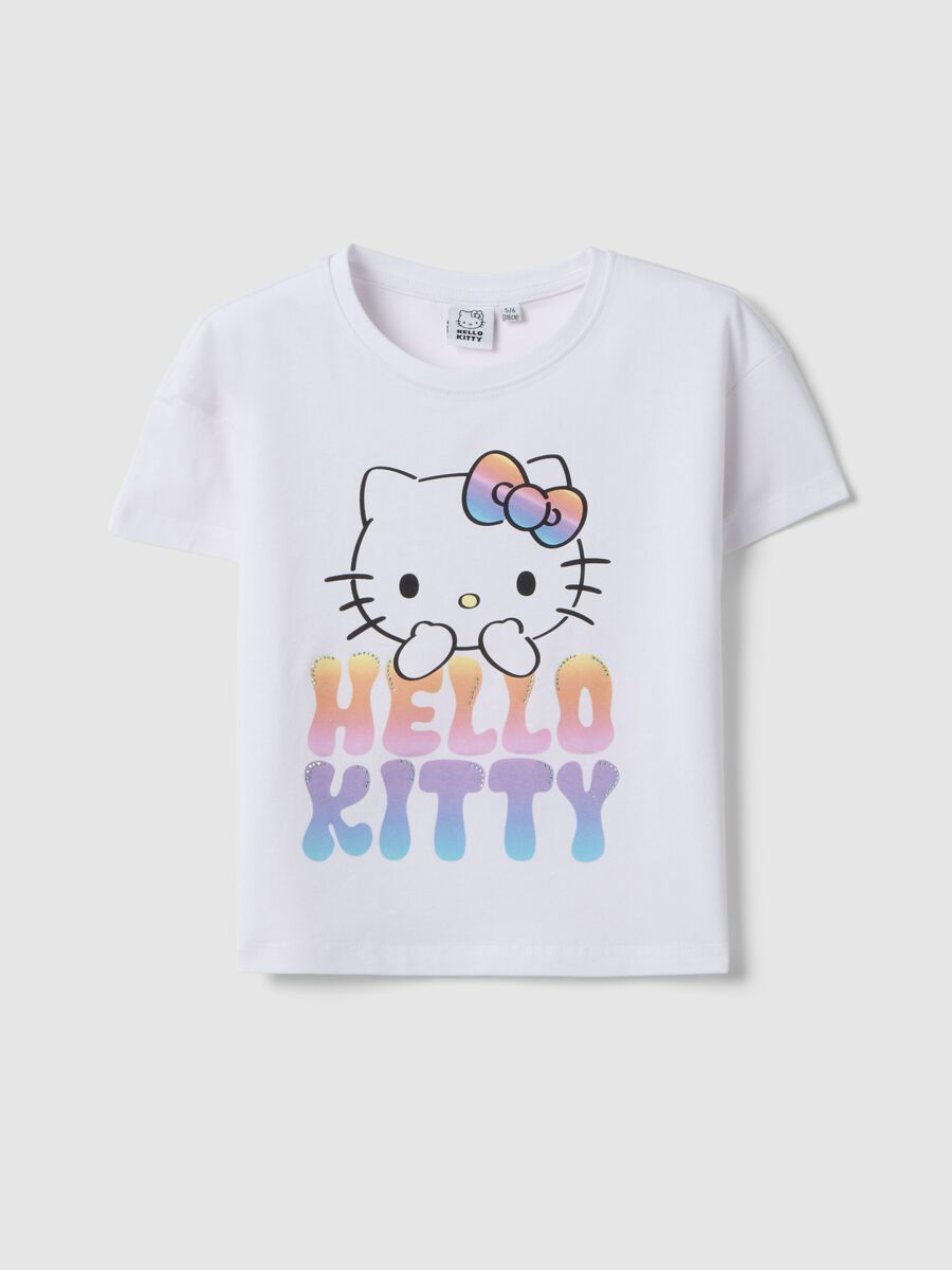 Girls' White Stretch Cotton T-shirt with Hello Kitty_0
