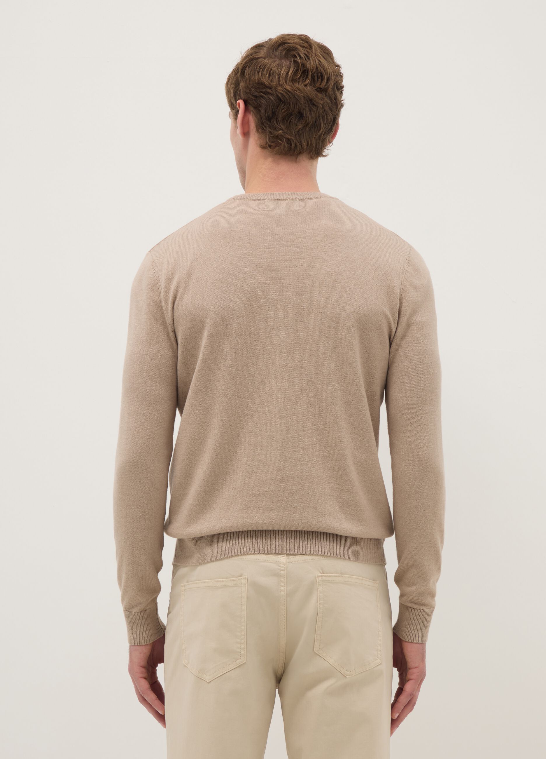 Beige crew neck pullover in regular fit cotton blend