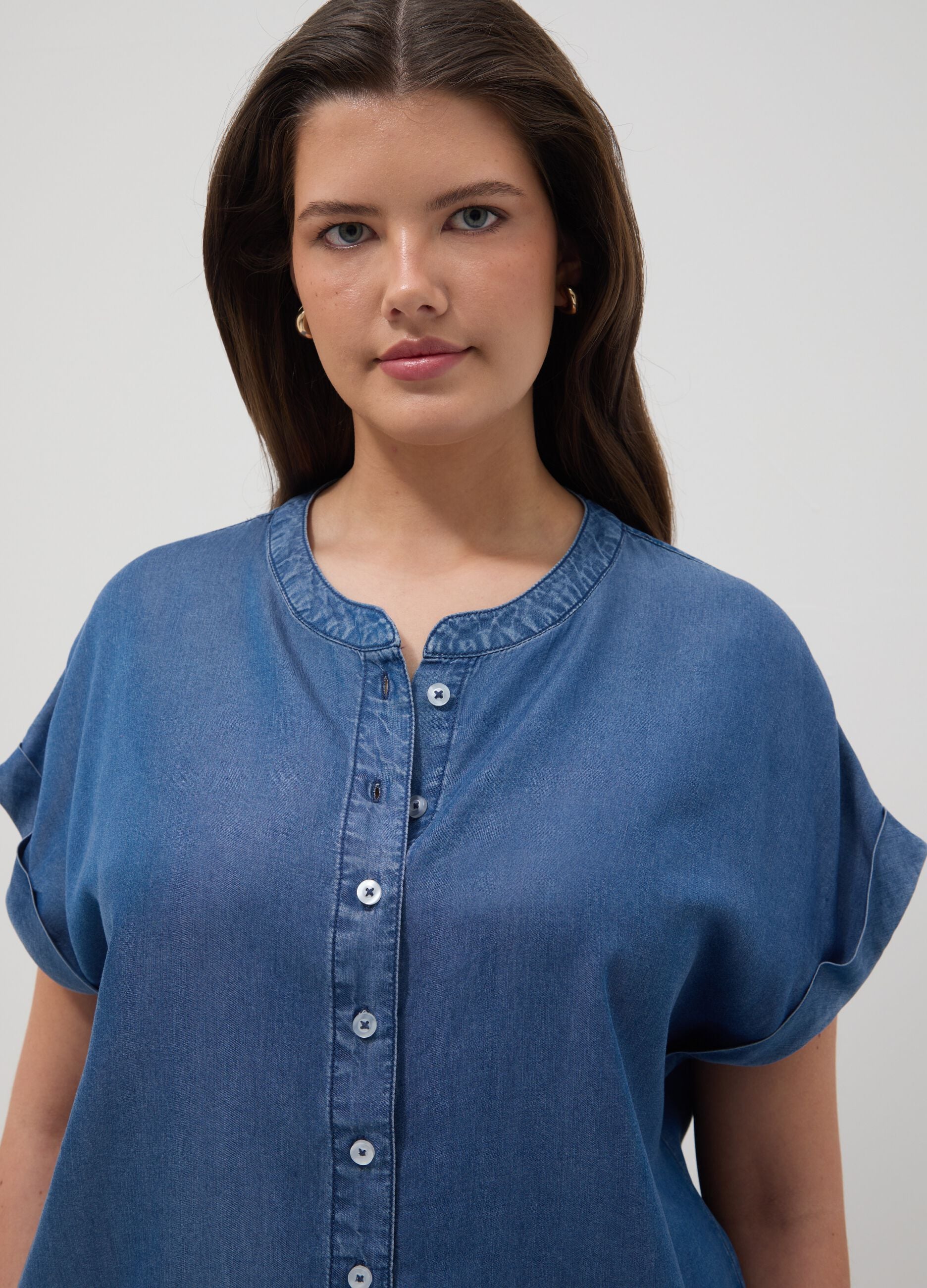 Pure Blue Lyocell Blouse Regular Fit with Mandarin Collar