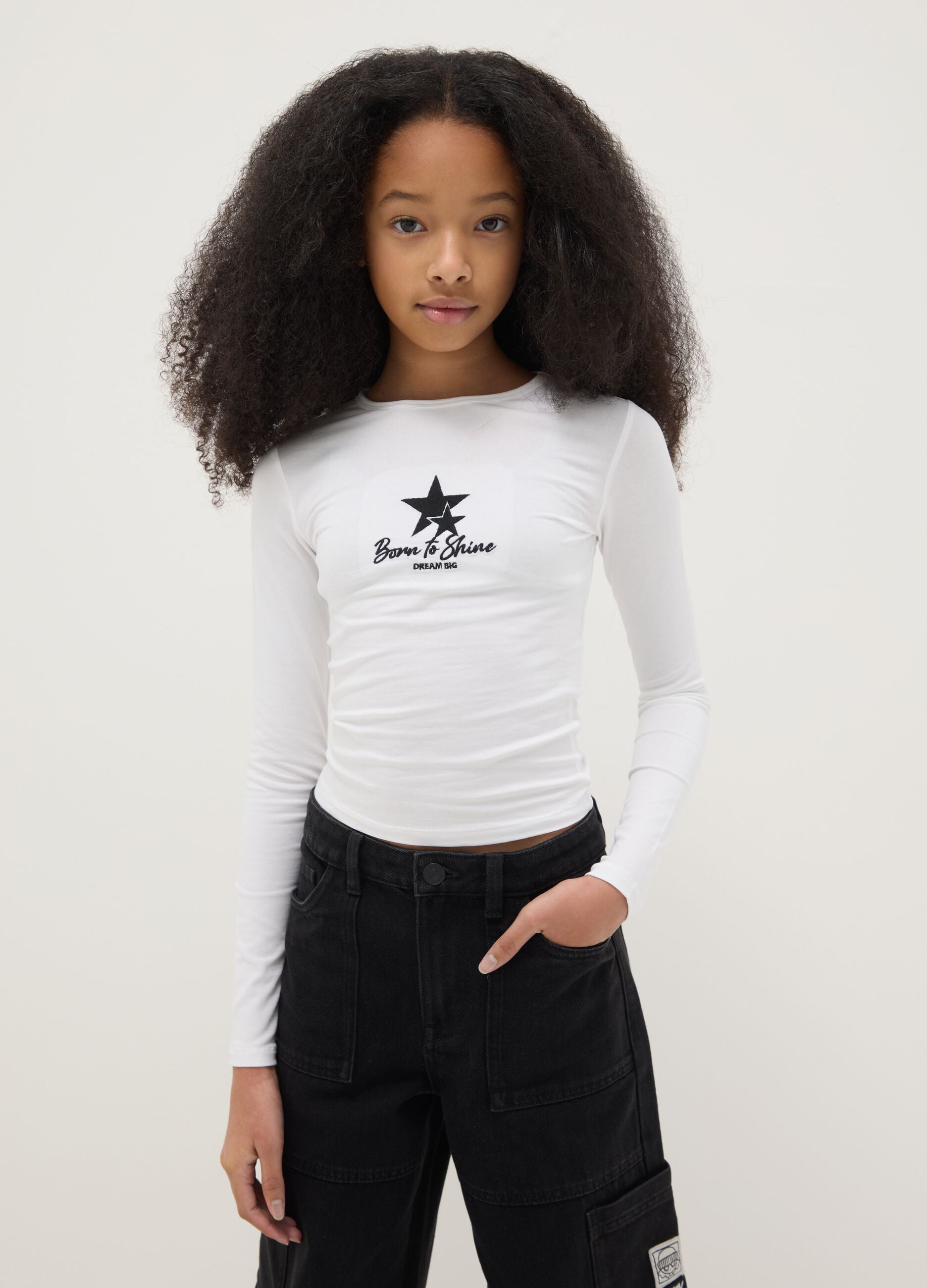 White stretch cotton slim fit girl's top with print