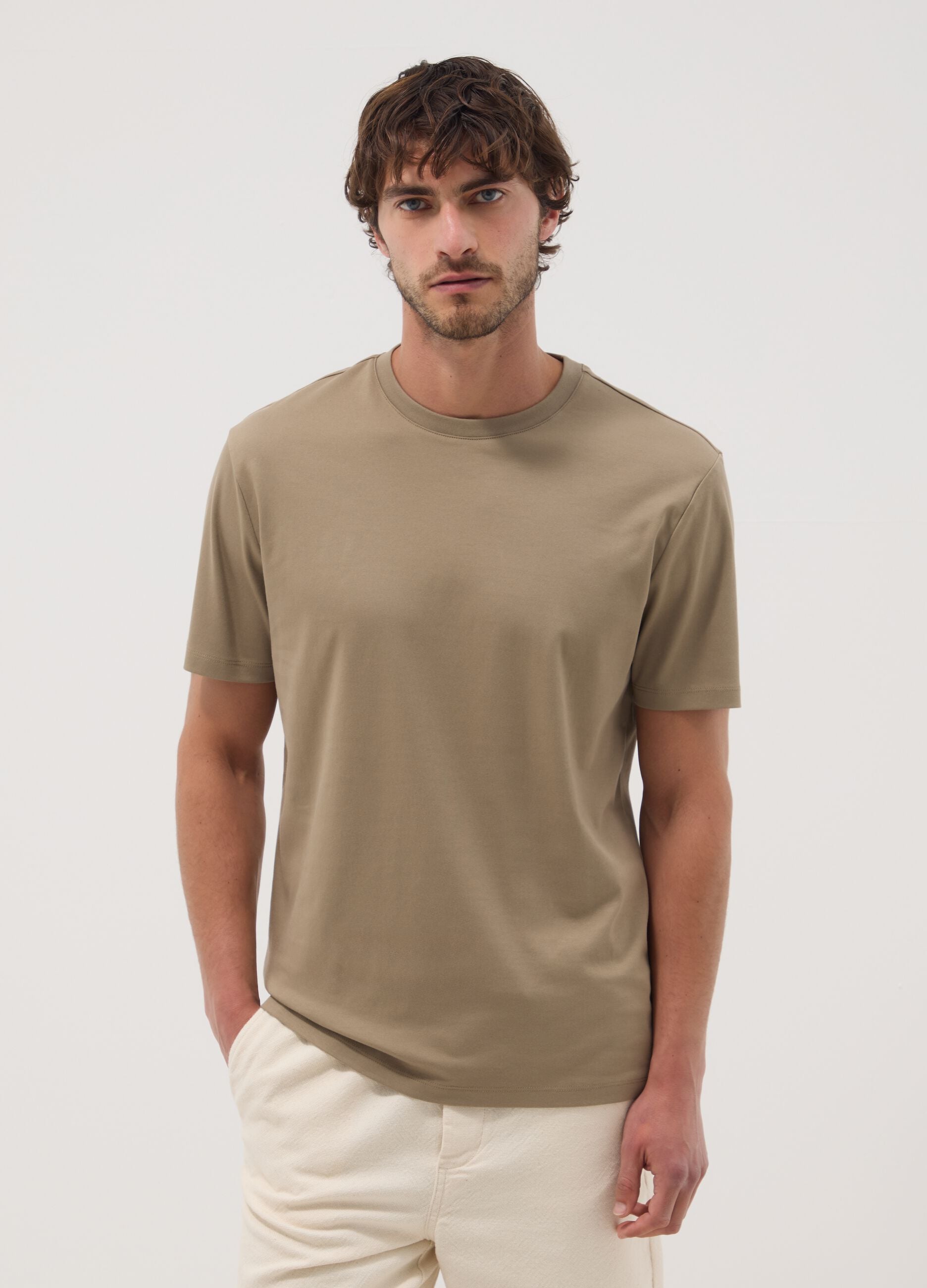 Beige slim-fit mercerised pure cotton T-shirt