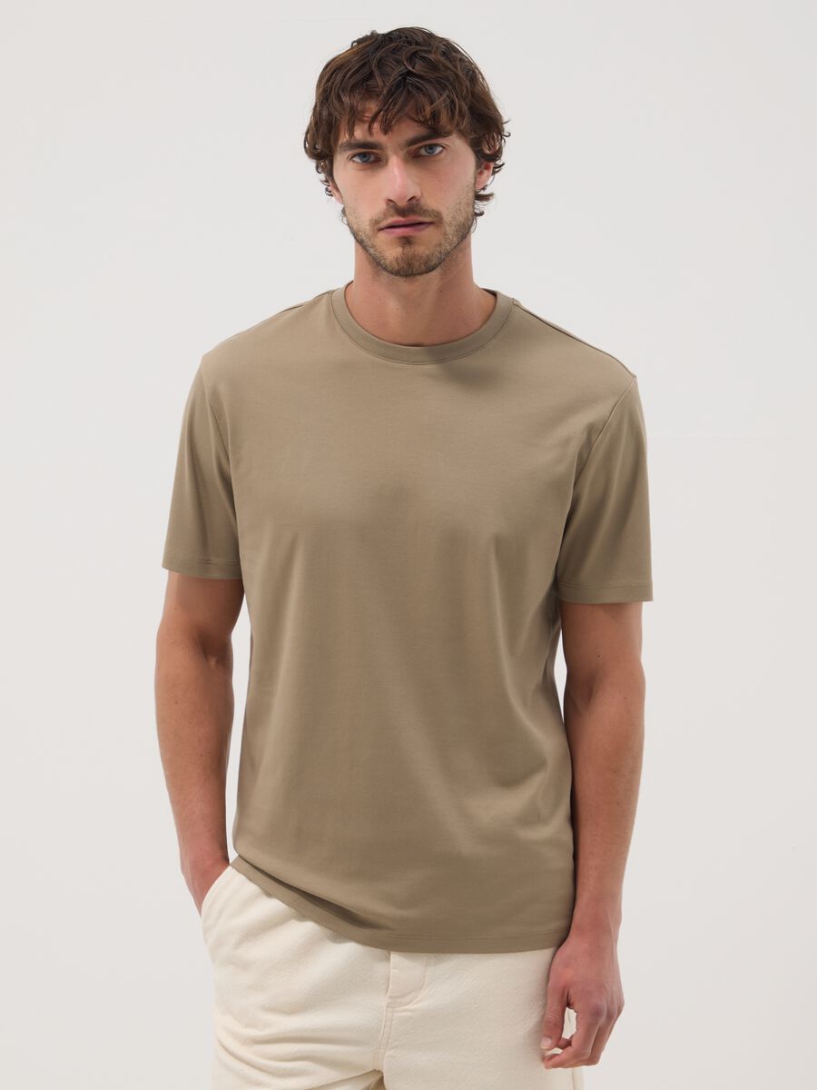Beige slim-fit mercerised pure cotton T-shirt_0