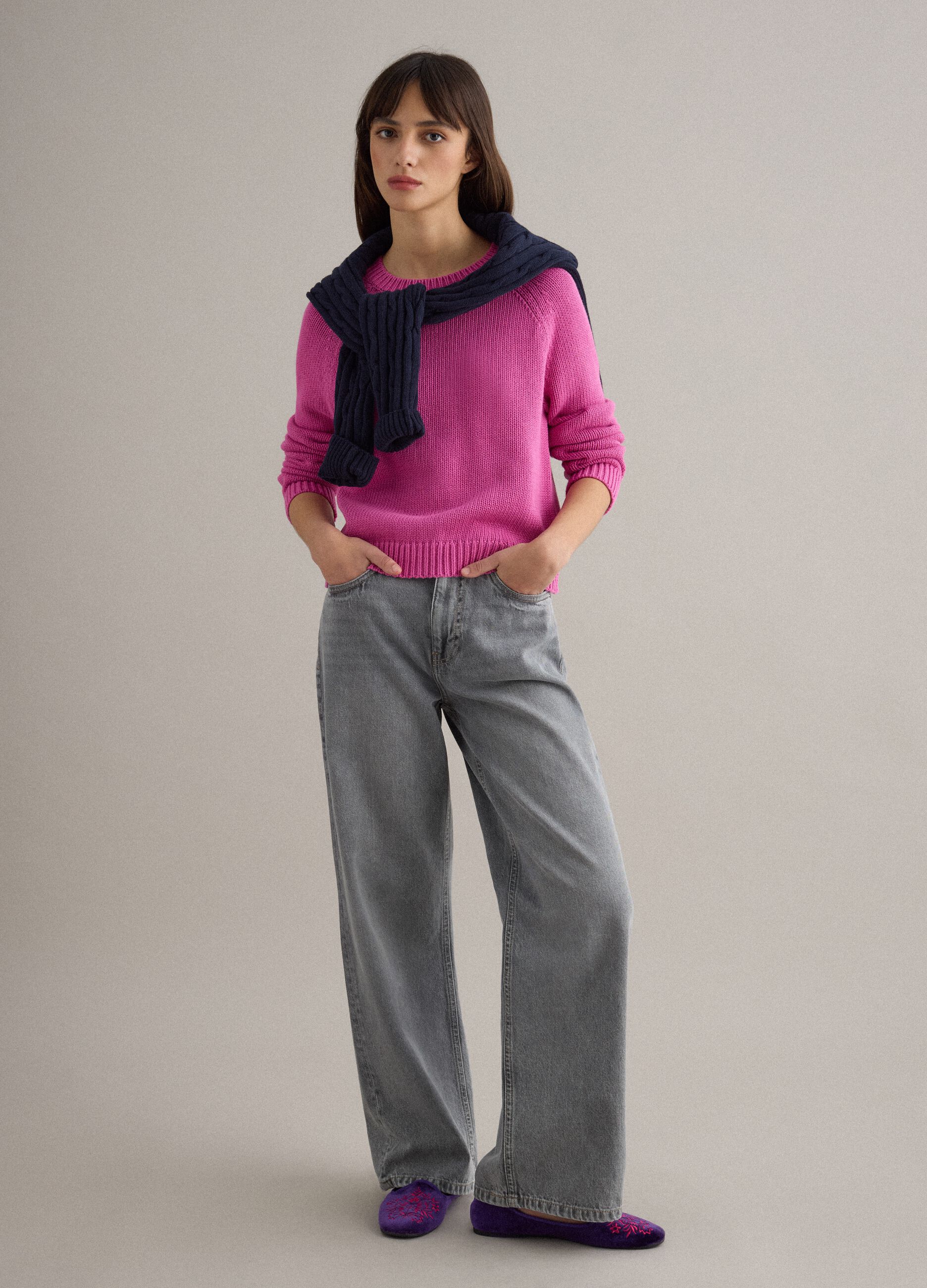 Pink crew neck jumper in pure cotton regular fit