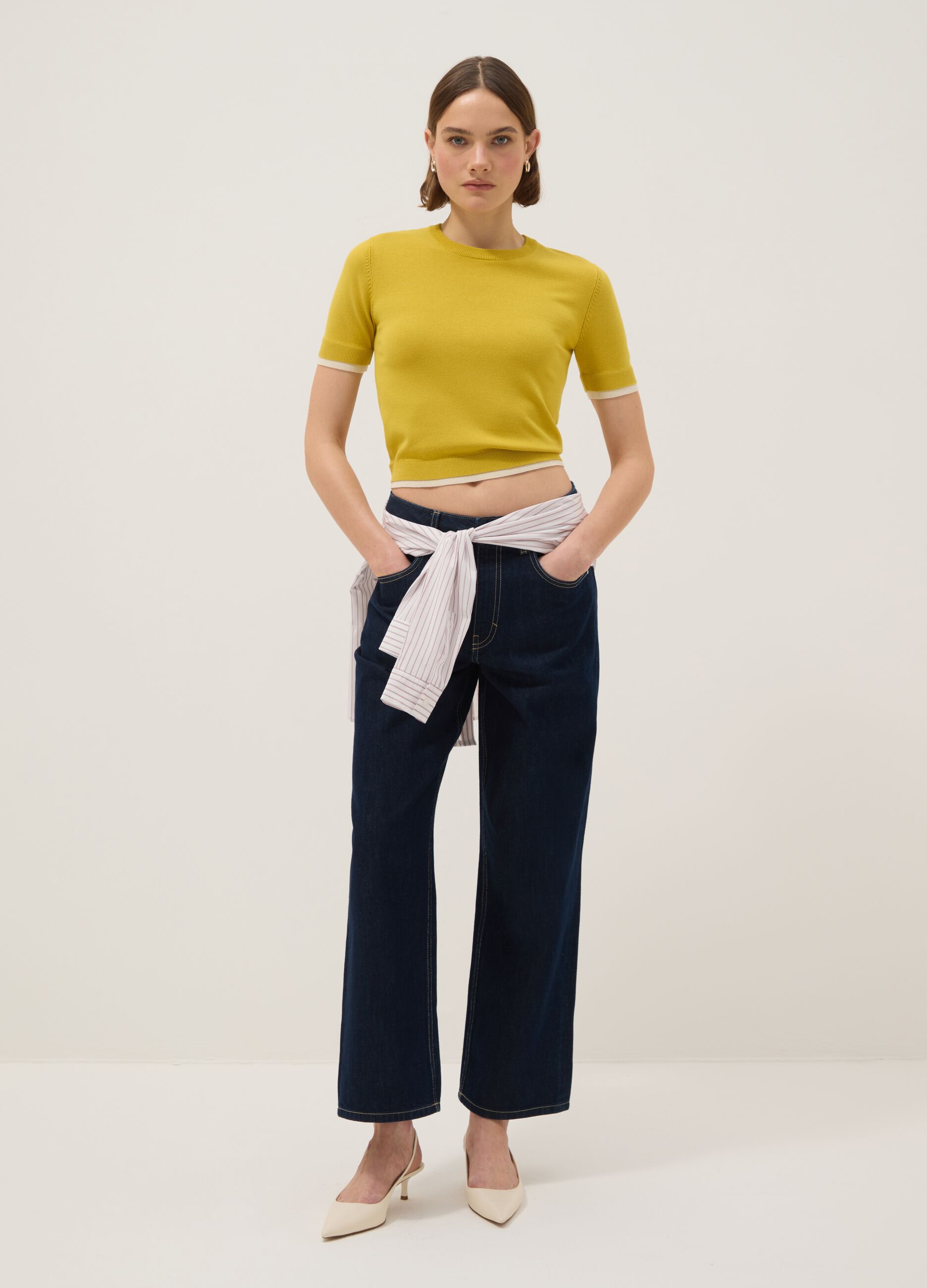 Yellow viscose blend crew neck sweater regular fit
