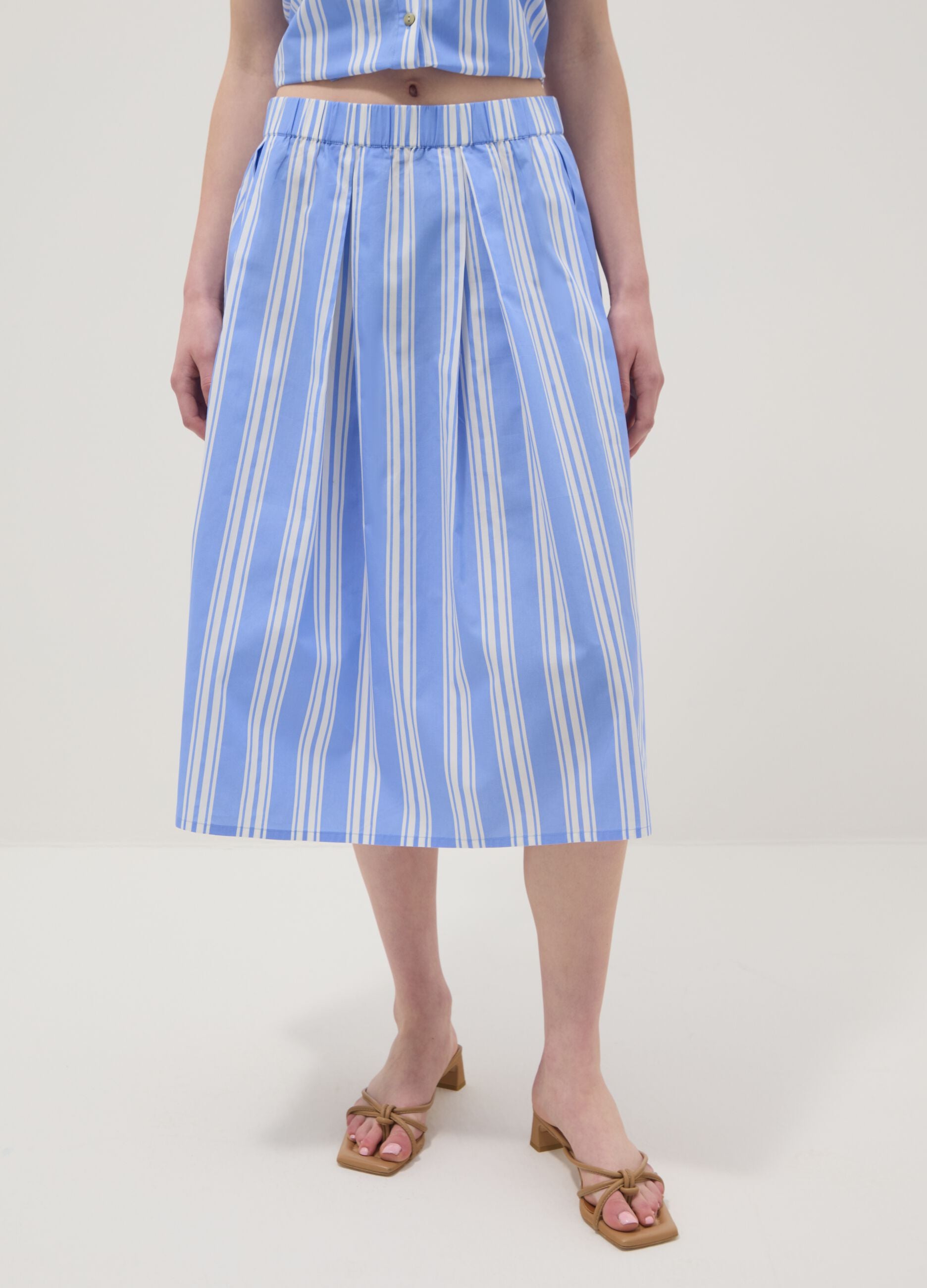 Blue striped pure cotton midi skirt