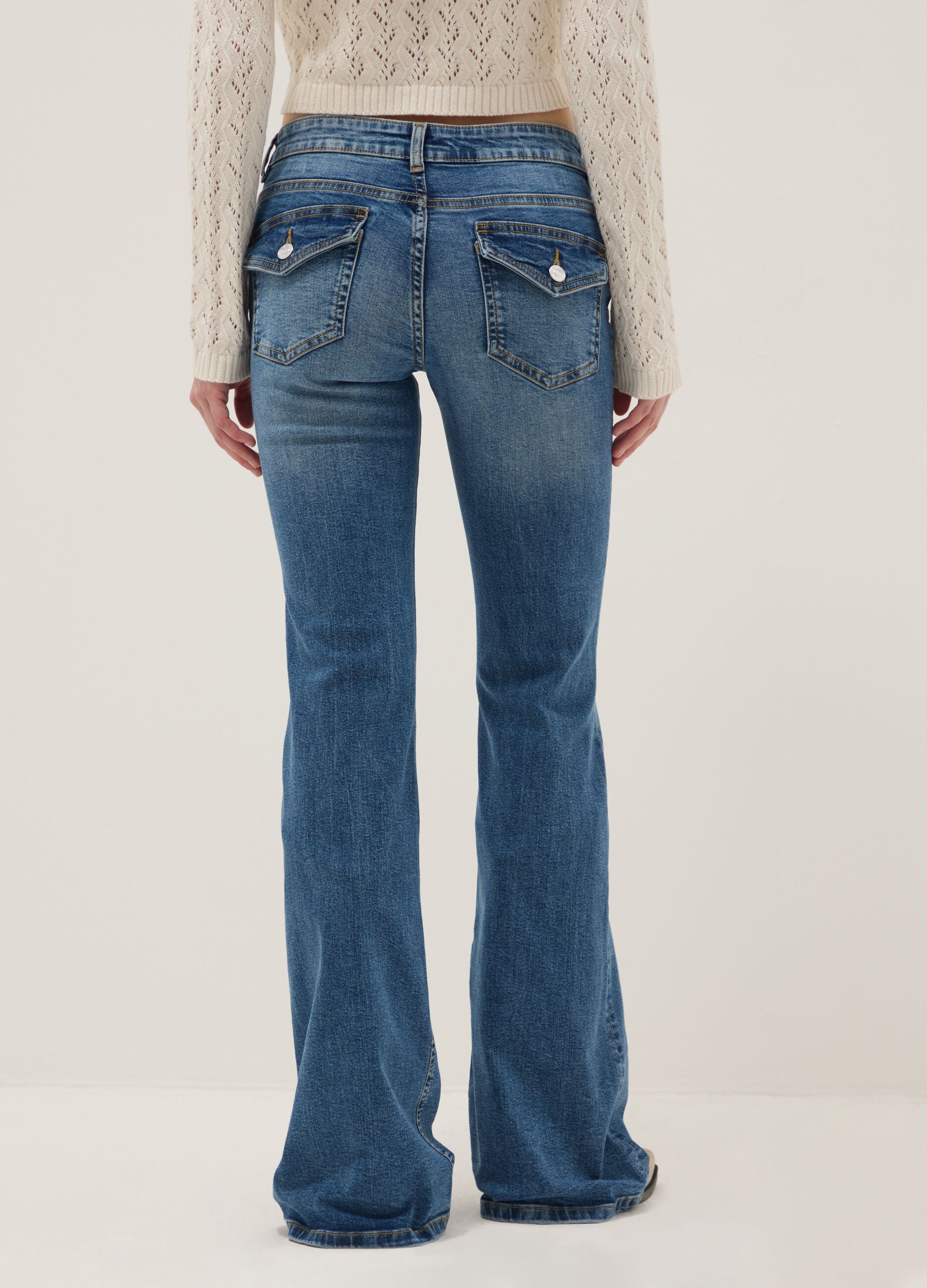 Blue Stretch Denim Cotton Flare Trousers