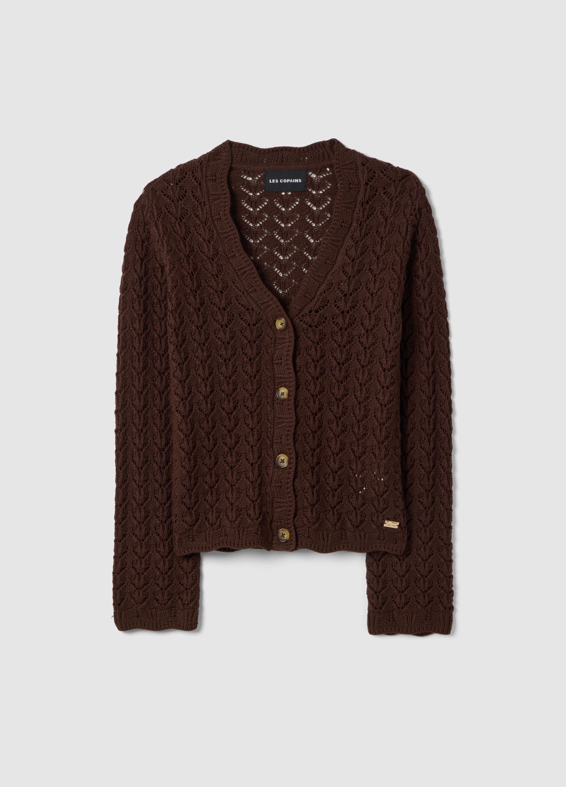 Cardigan marrone deep V in crochet di puro cotone regular fit