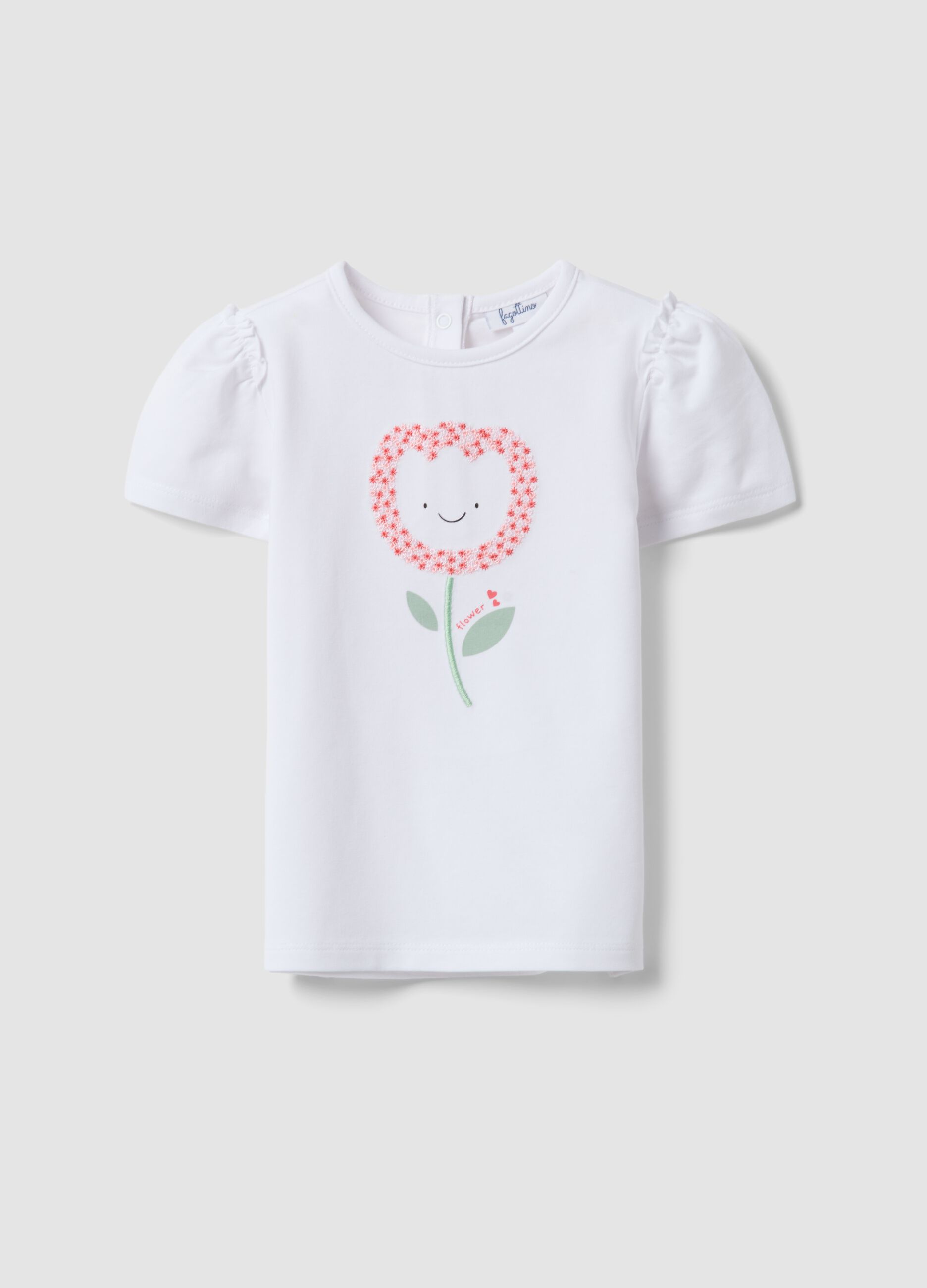 White stretchy cotton regular fit girl&rsquo;s t-shirt with flower embroidery