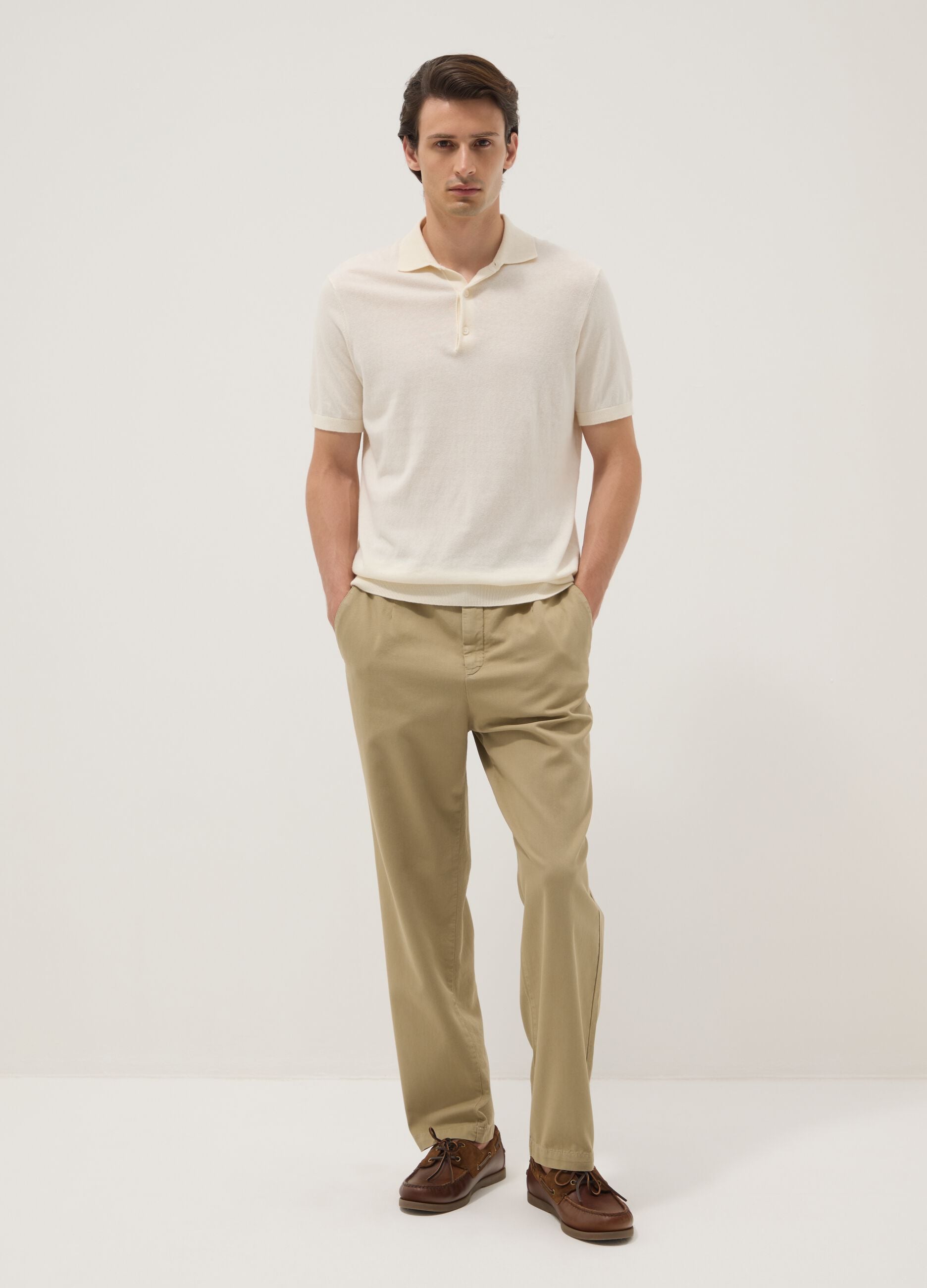 Beige pure cotton carrot-fit chino trousers