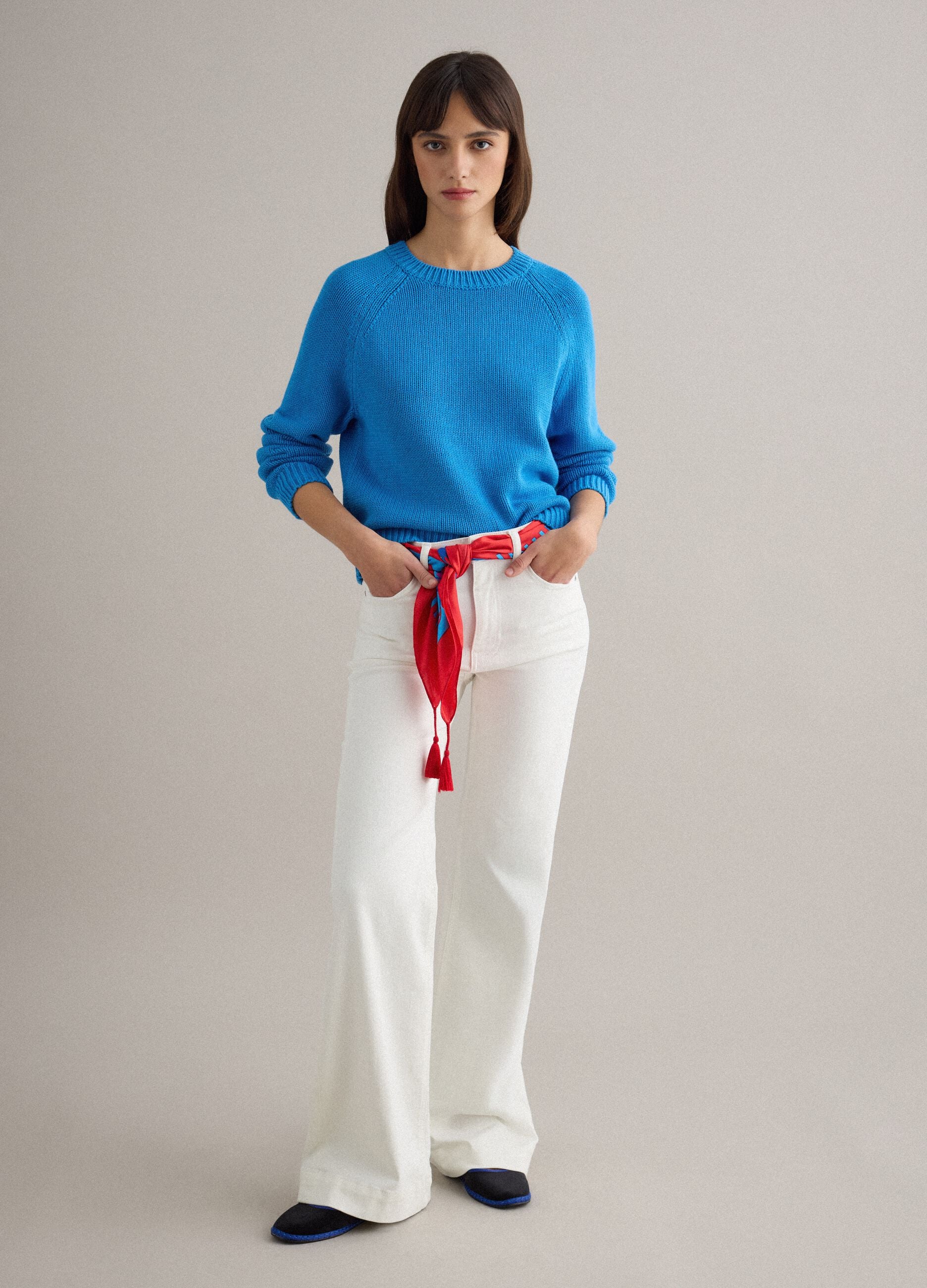 Blue crew neck jumper in pure cotton regular fit