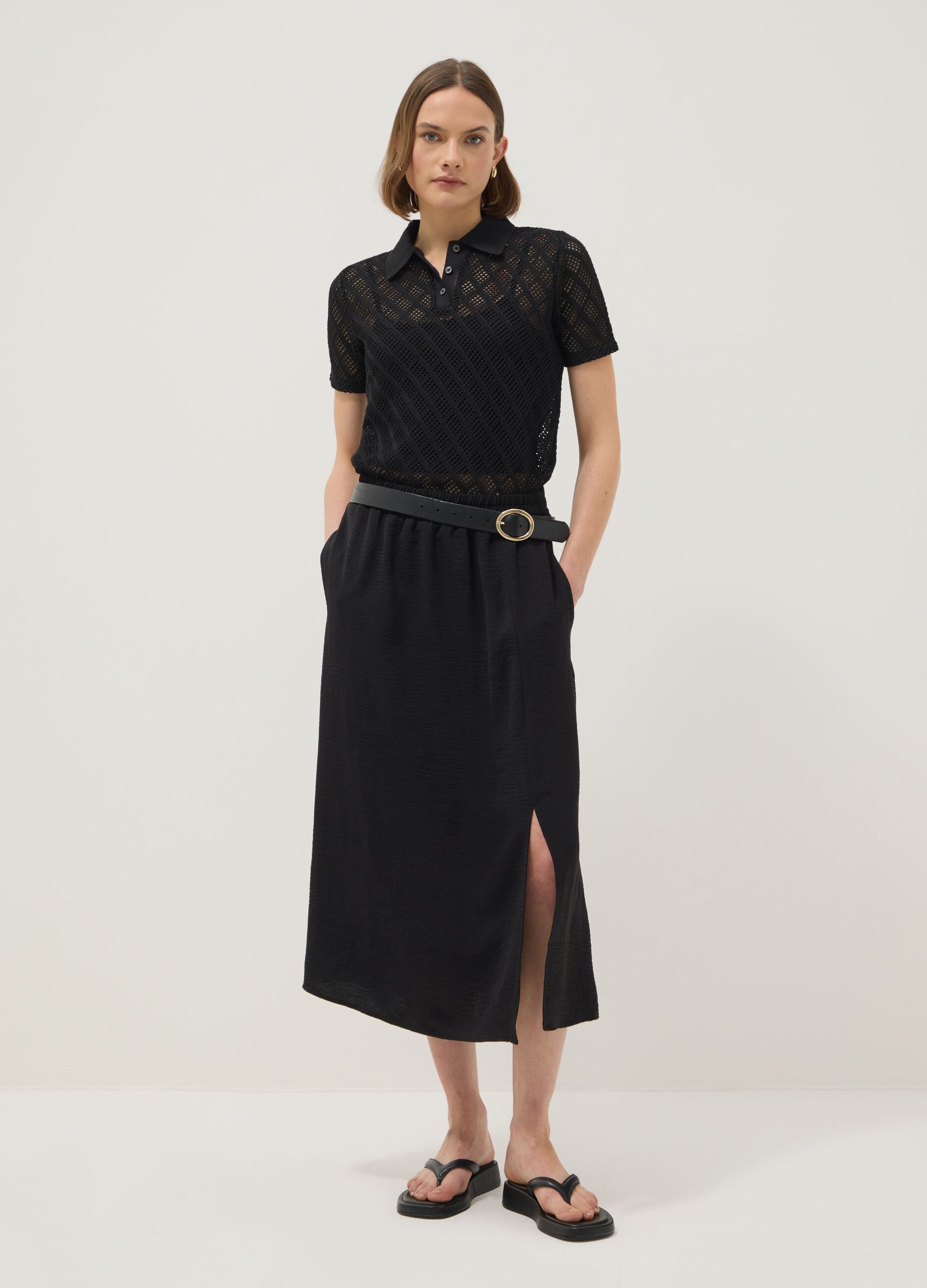 Black regular fit polo with mesh texture