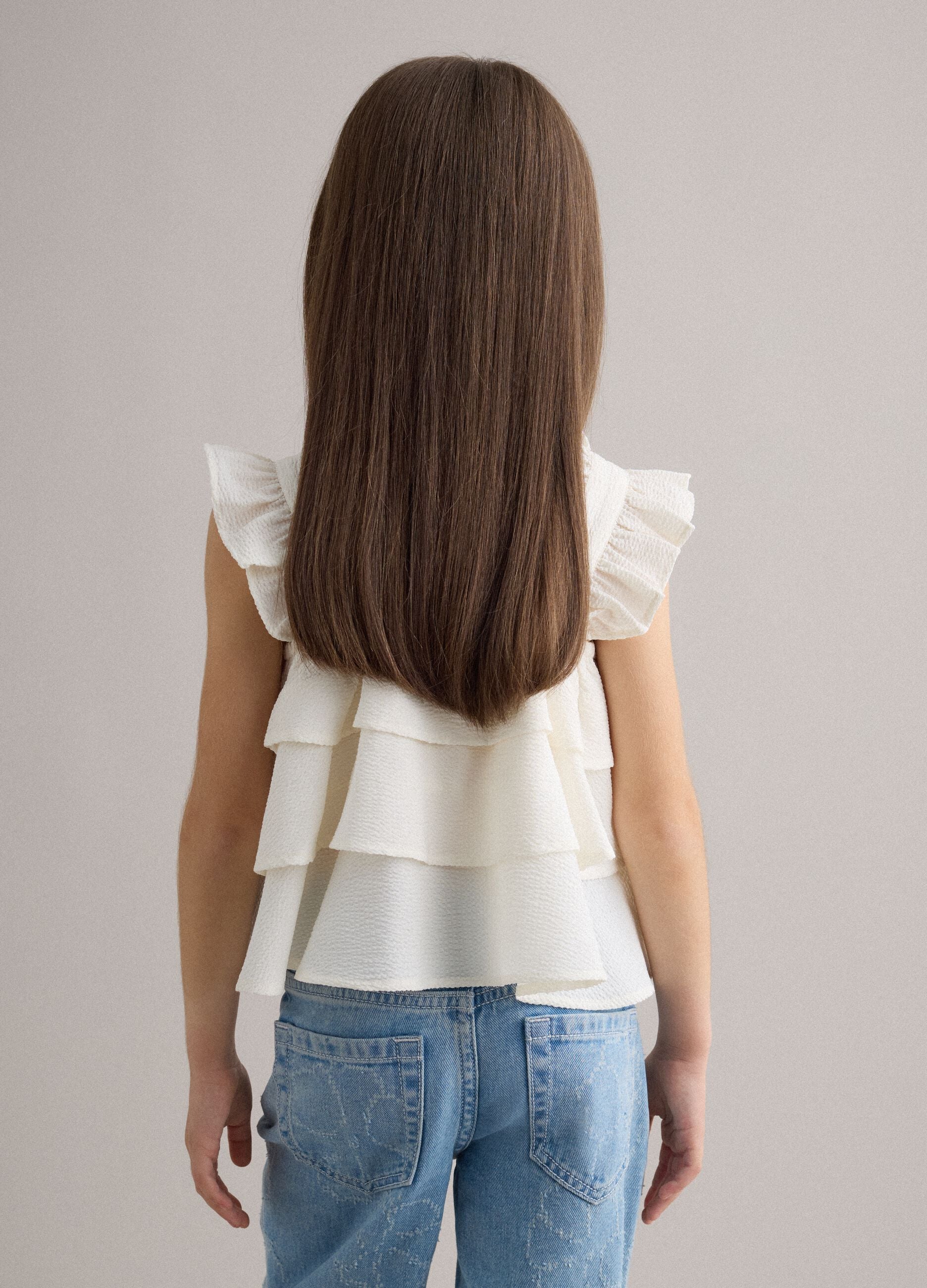 Girls' white regular fit top with ruffles