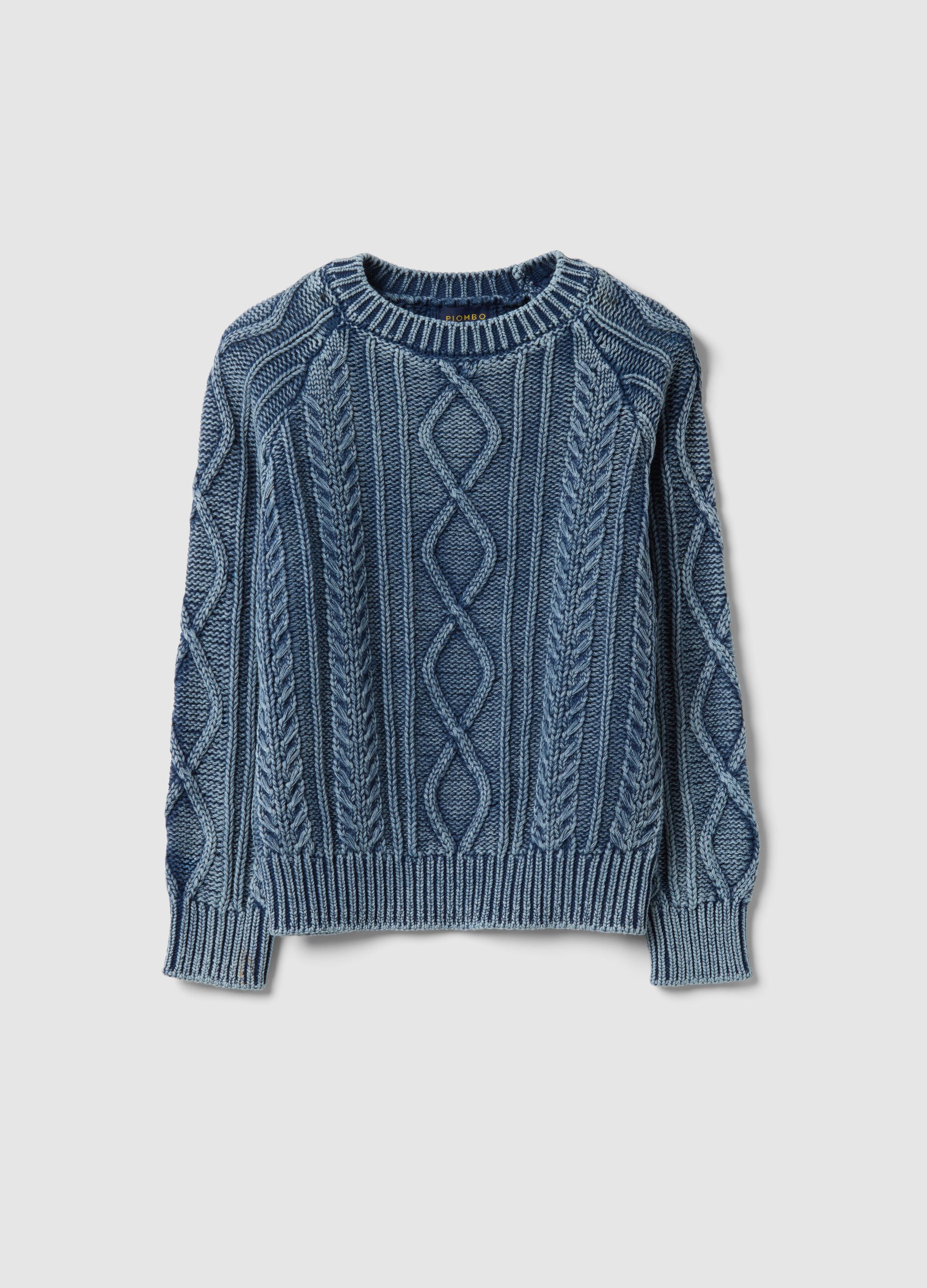 Children's blue pure cotton sweater, regular fit with knitted design
