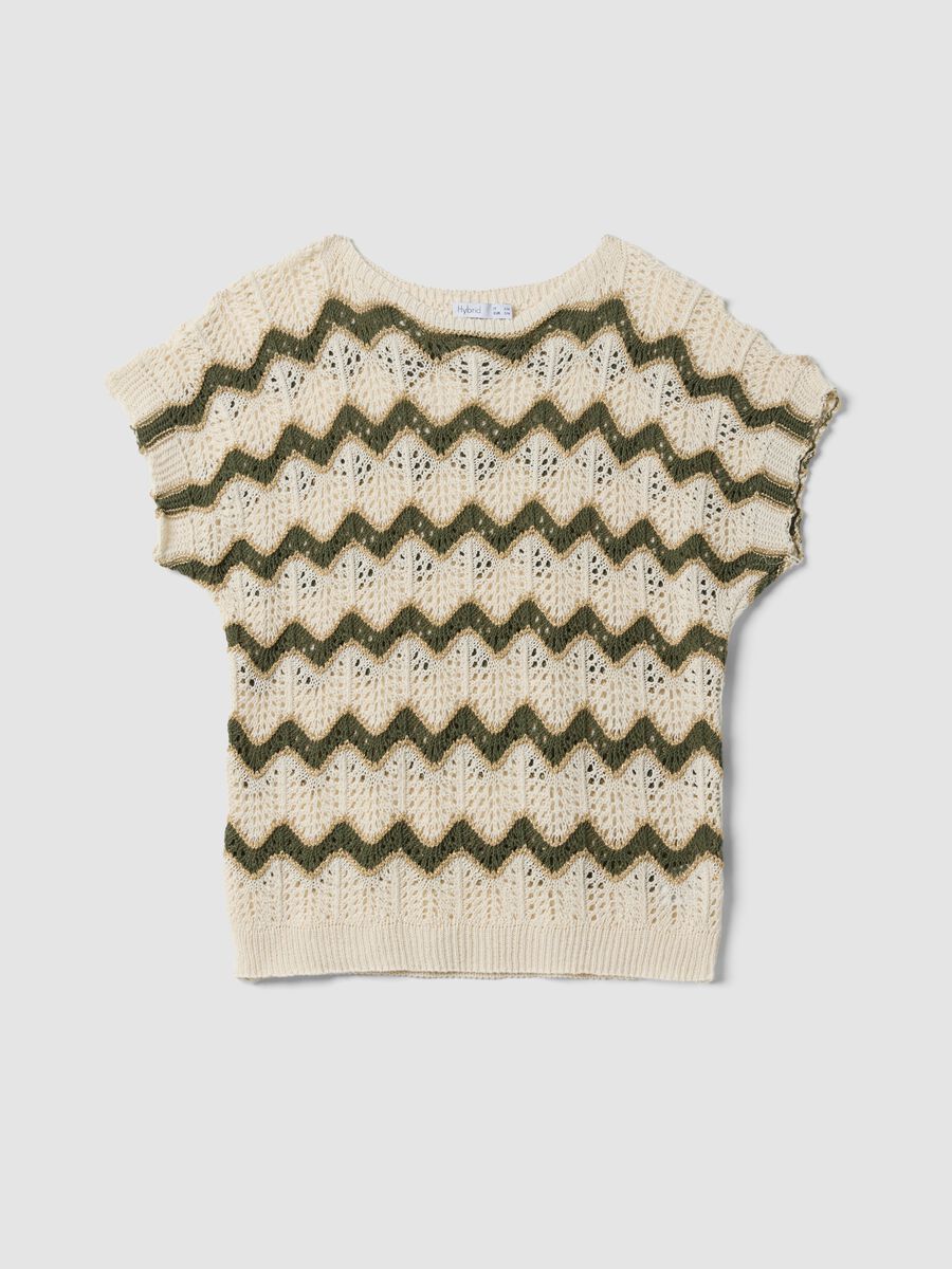Beige open-knit striped top with green detailing in stretch cotton, regular fit_4