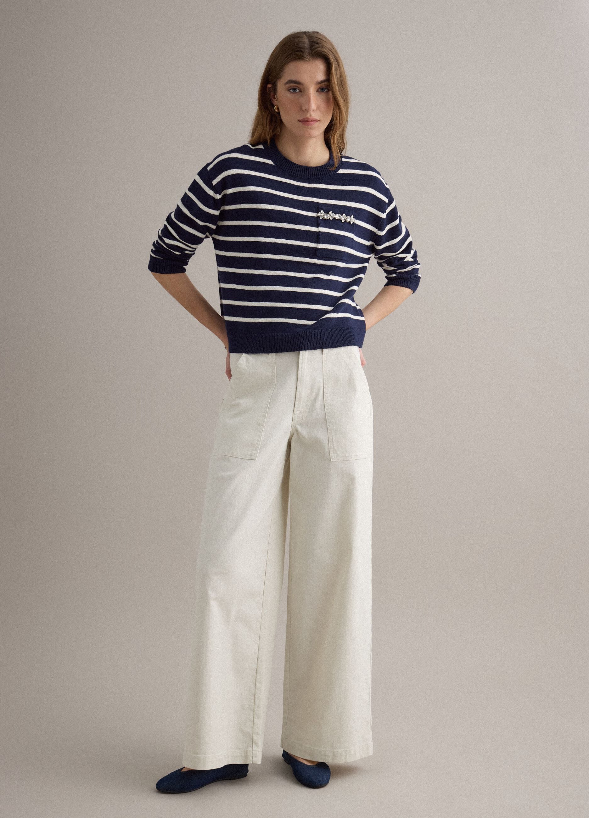 Blue jumper with white stripes in pure cotton regular fit