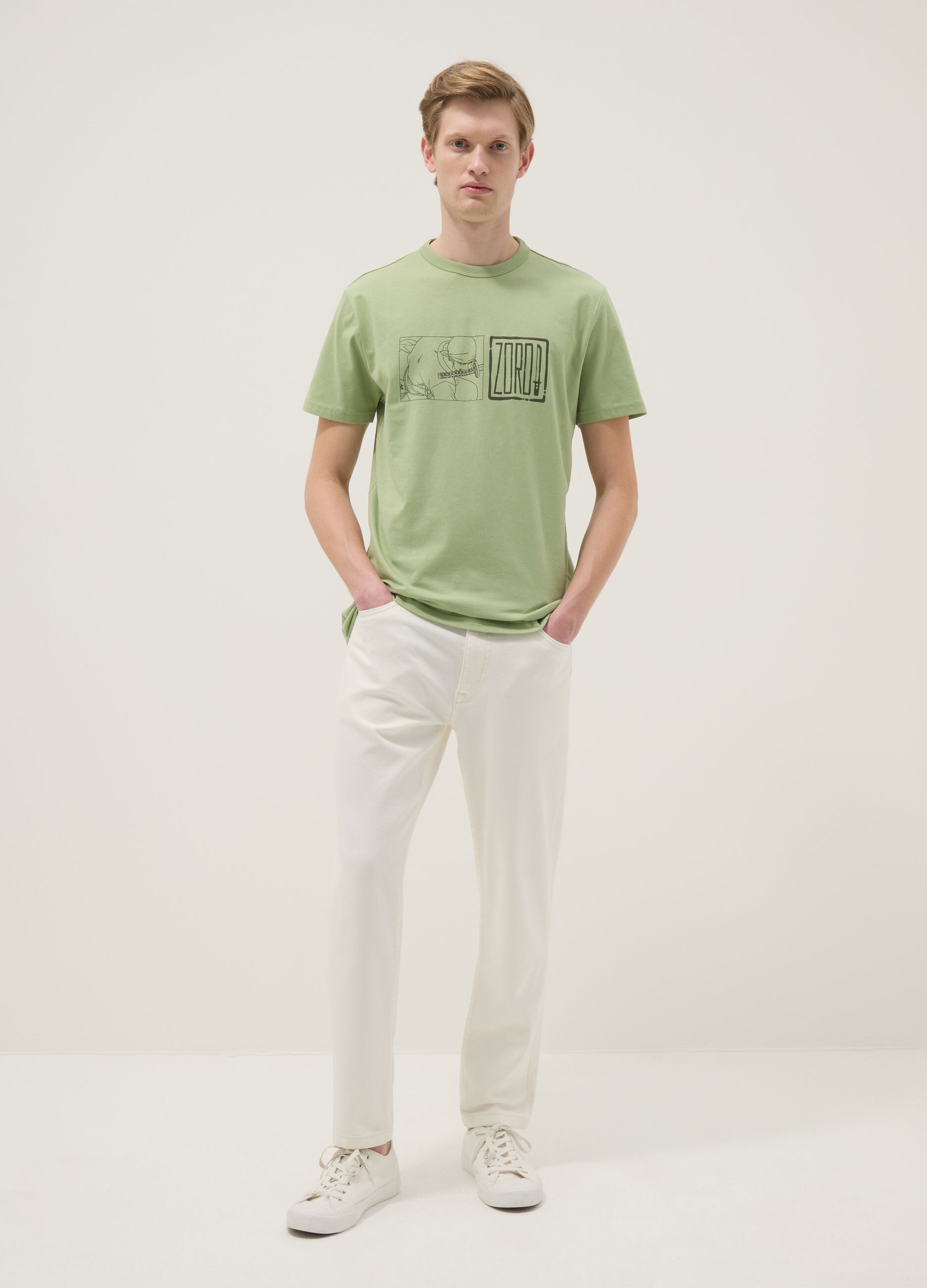 Green pure cotton T-shirt with One Piece print