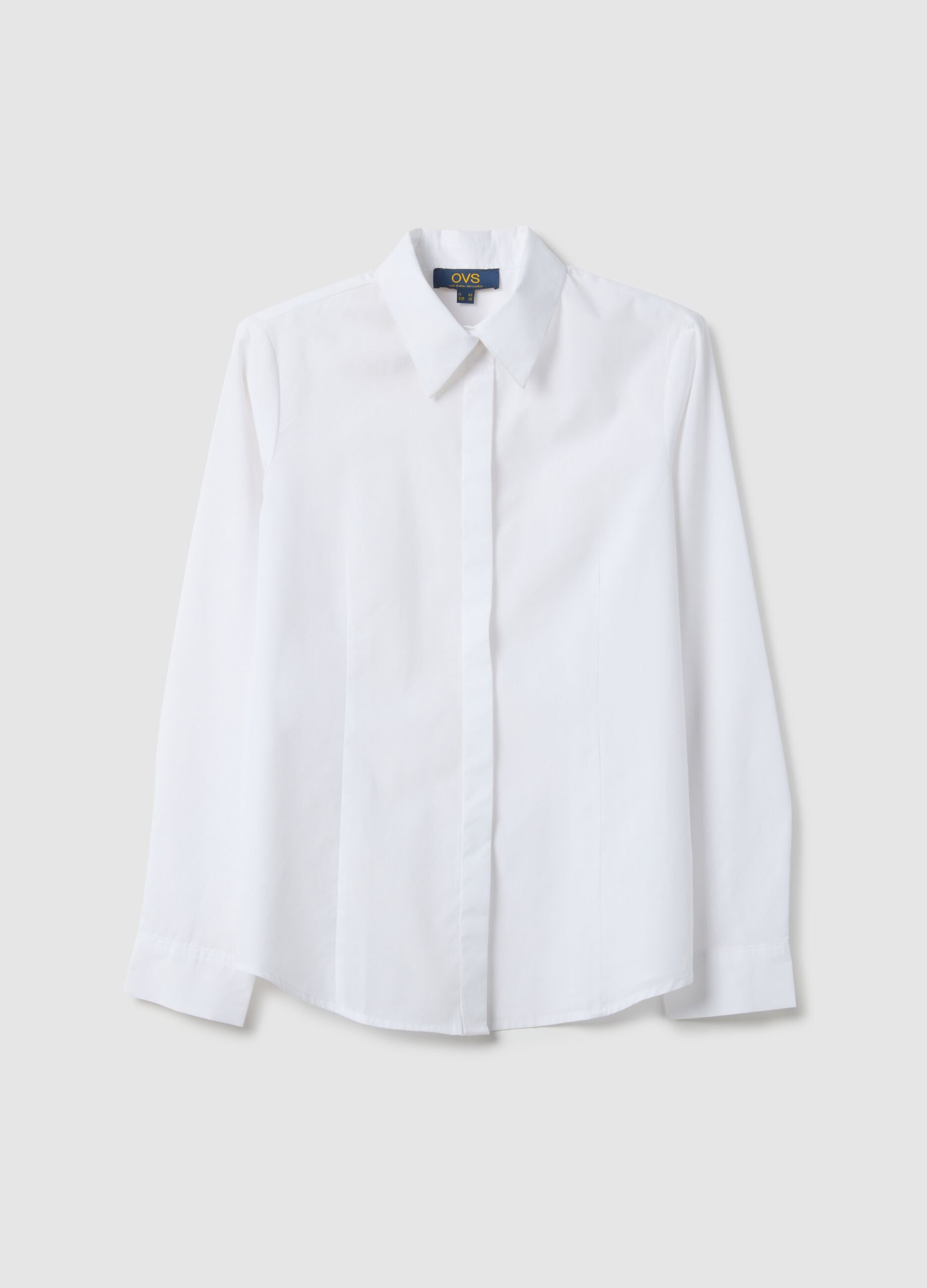 White slim fit cotton blend shirt with classic collar and buttons