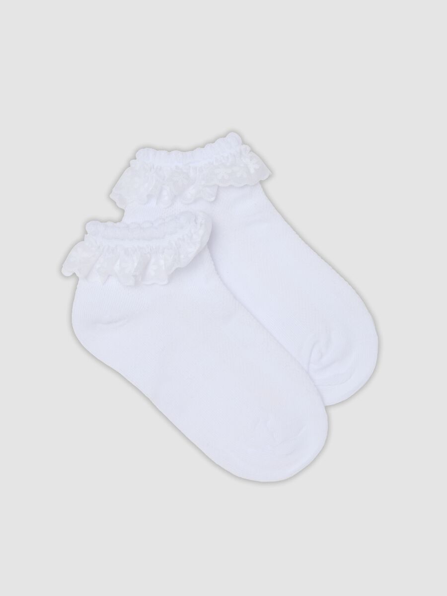 White organic cotton-blend ankle socks with ruffle trim for girls_0