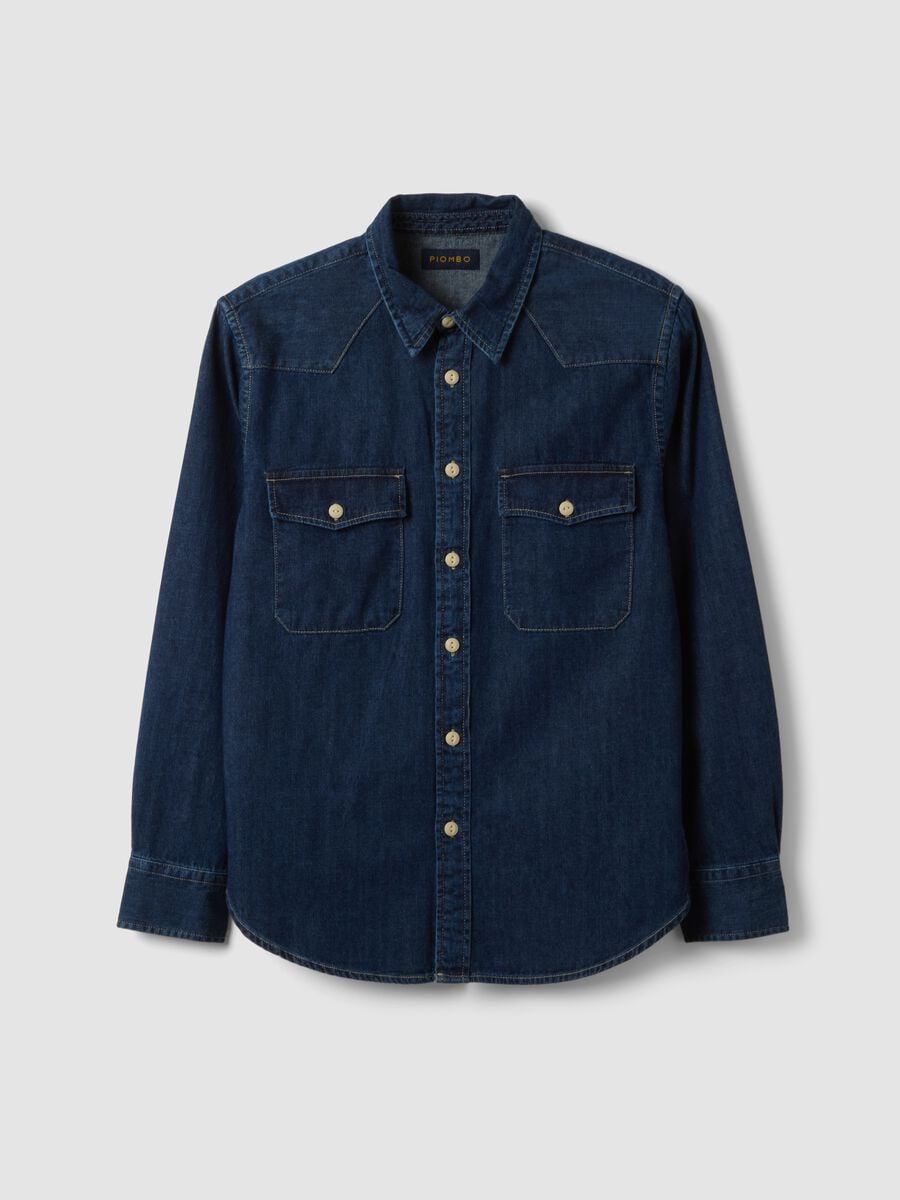 Camicia blu in puro cotone con bottoni e colletto classico regular fit_4