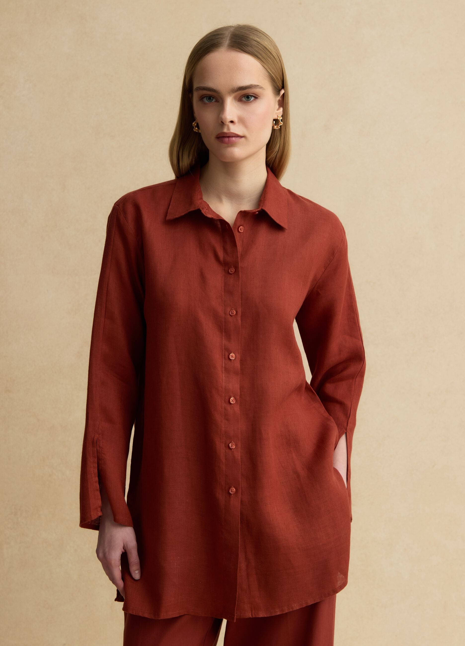 Red pure linen oversized shirt