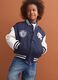 Blue varsity jacket with beige sleeves and print for boys_0