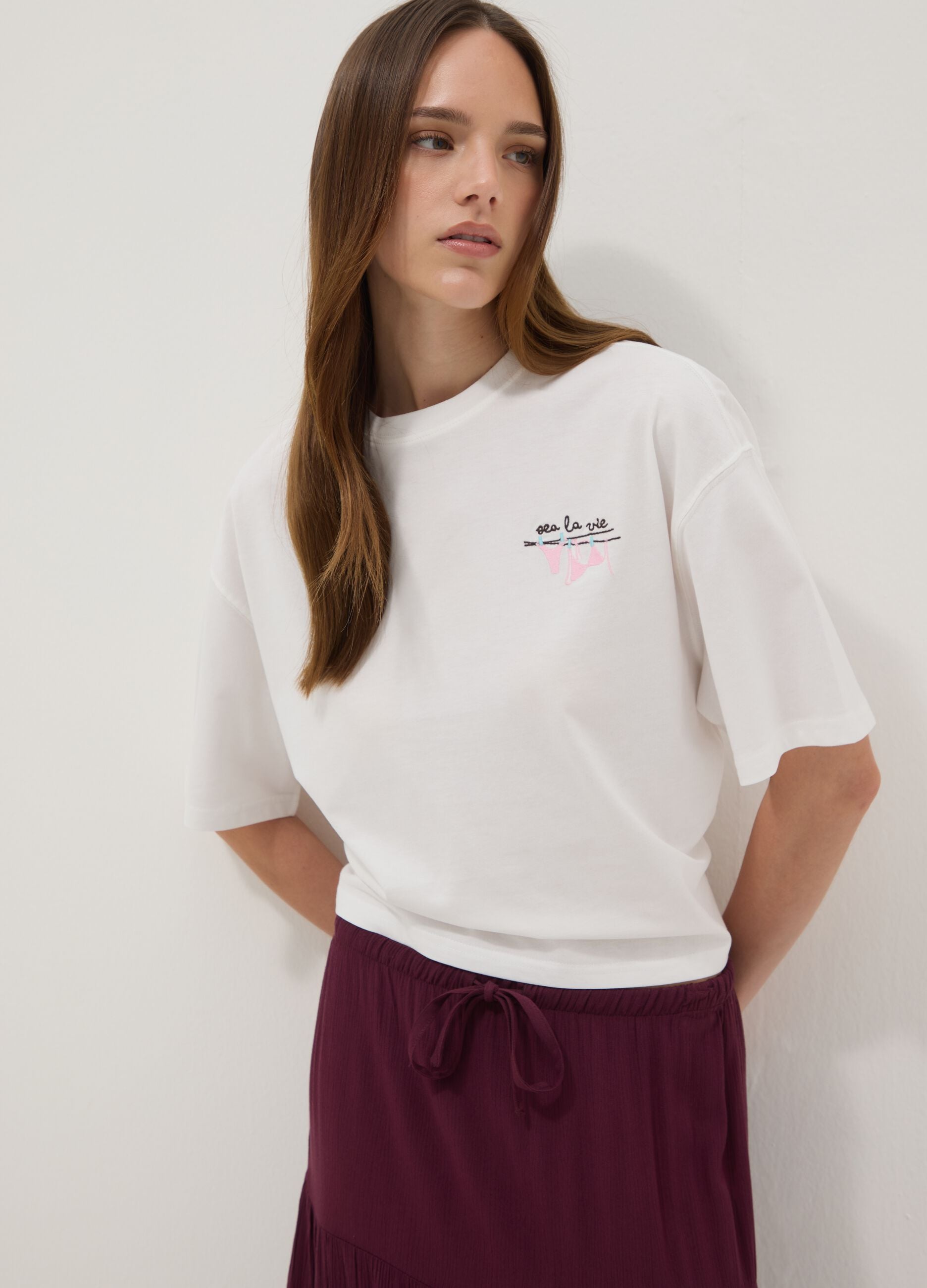White pure cotton T-shirt with embroidery, boxy fit