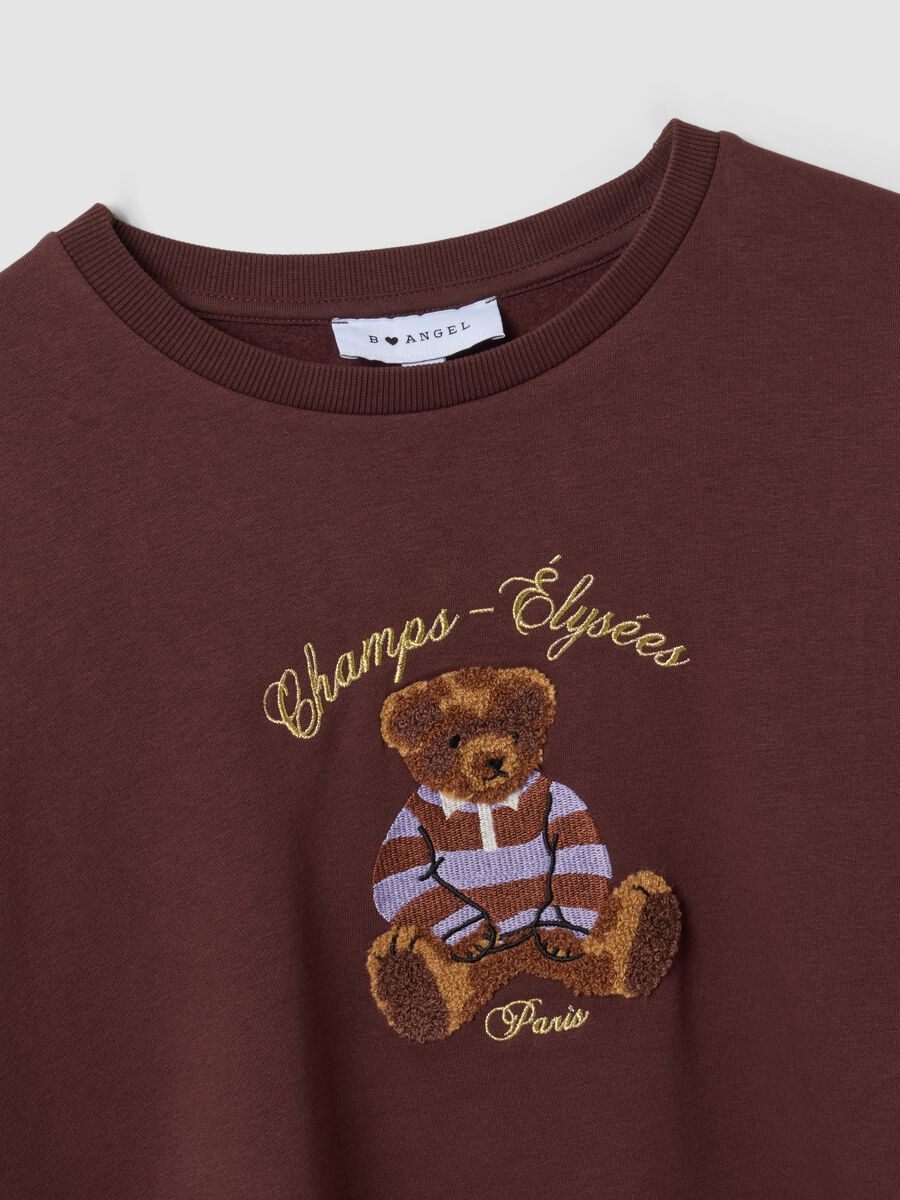 Felpa marrone in misto cotone con girocollo e stampa teddy_1