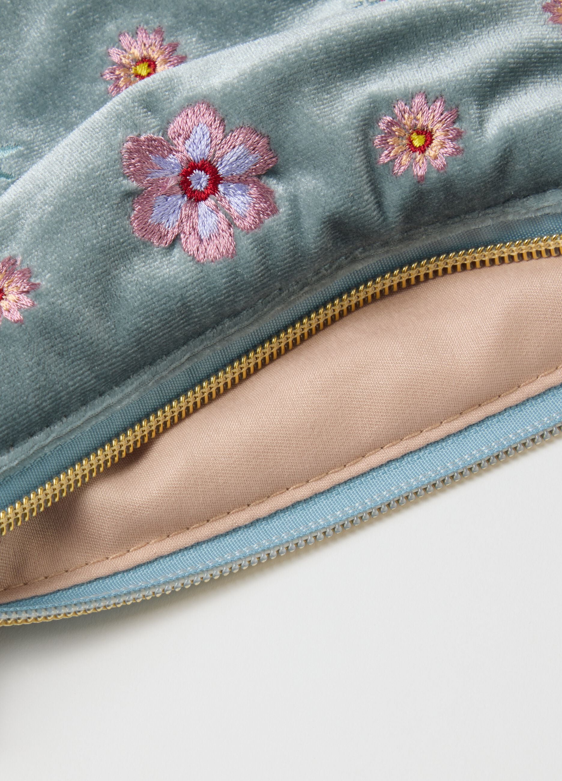 Multicolour clutch with floral embroidery and zip