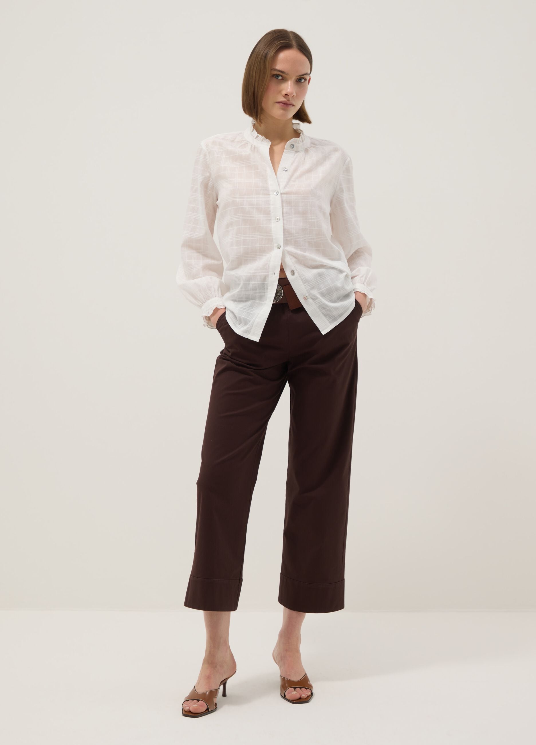 White pure cotton shirt in regular fit with plaid pattern