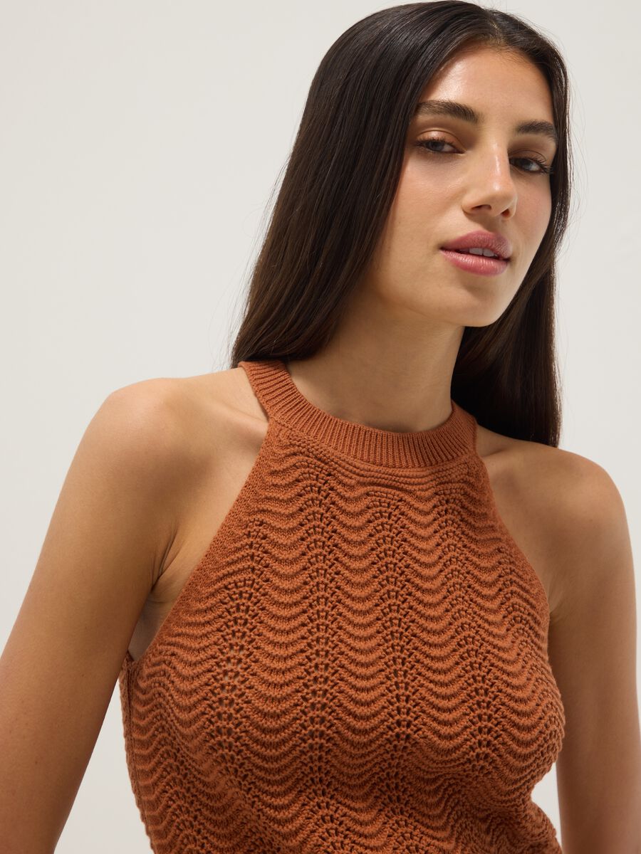 Regular fit orange pure cotton tank top with mesh texture_0