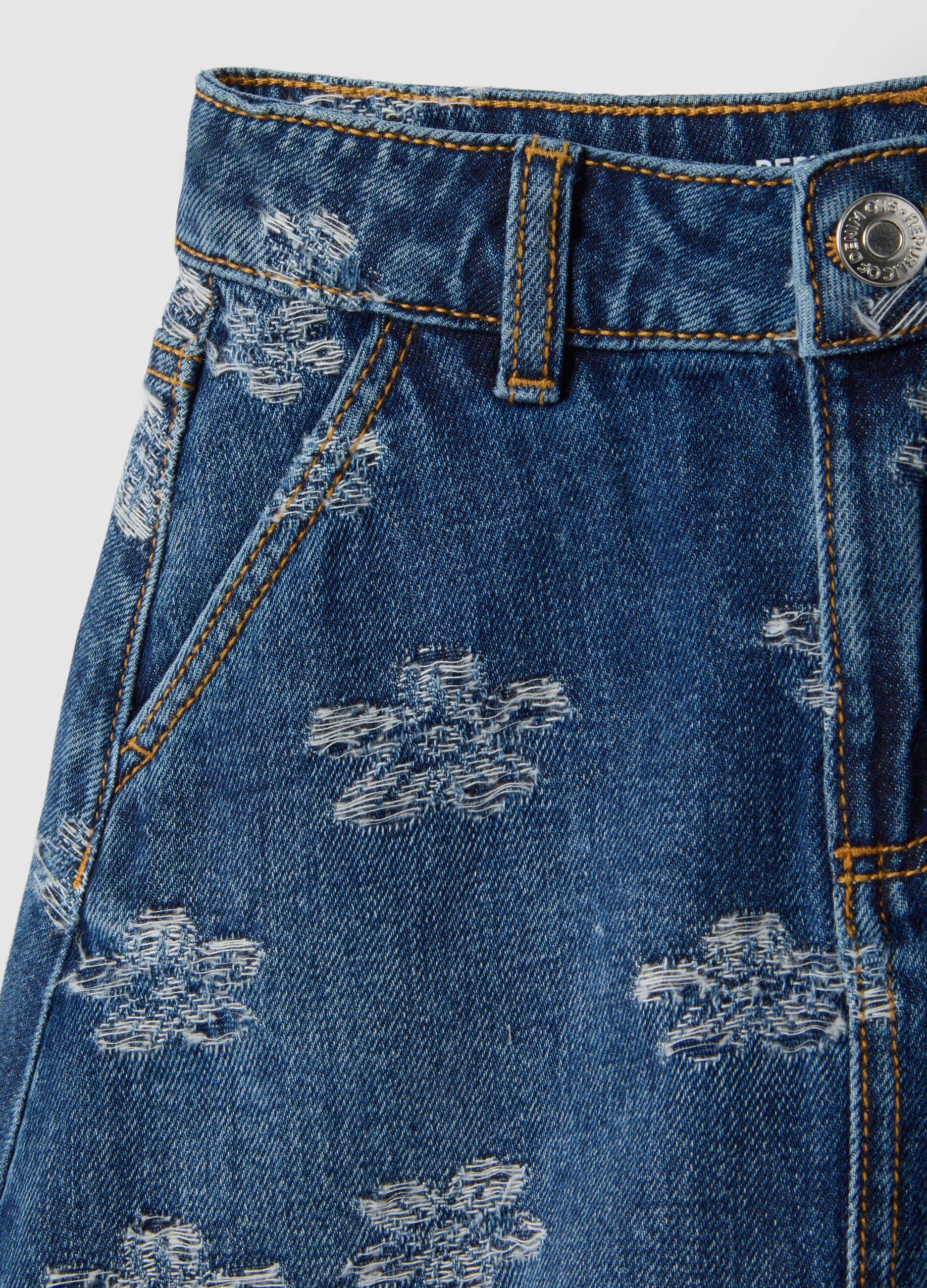 Blue denim pure cotton skirt with floral prints for girls, regular fit