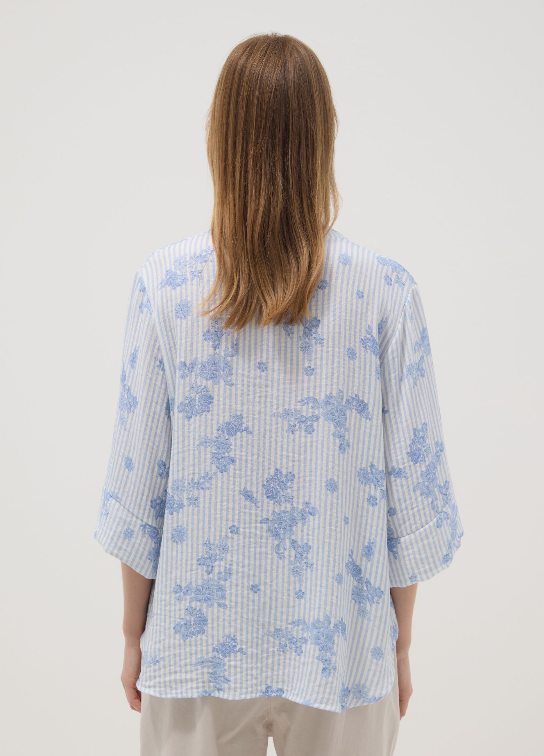 Light Blue Viscose-Blend Blouse with Stripes and Floral Print