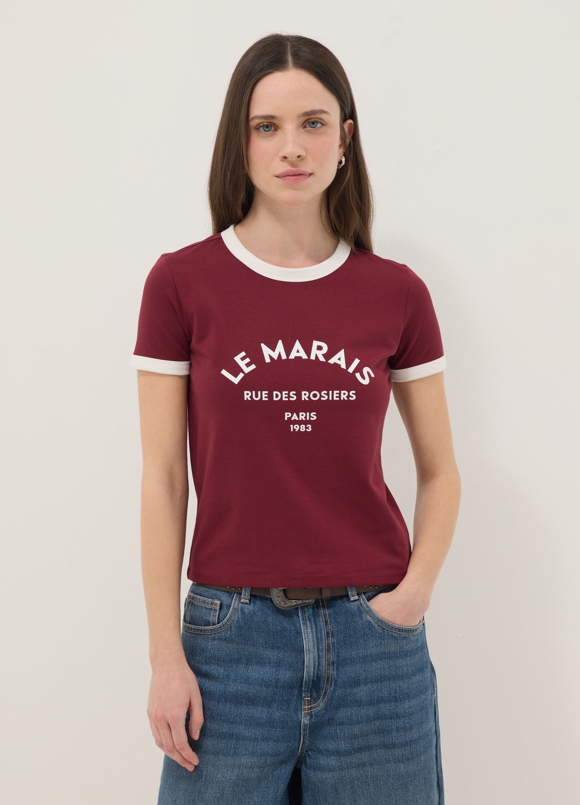 Red stretch cotton regular fit t-shirt with print