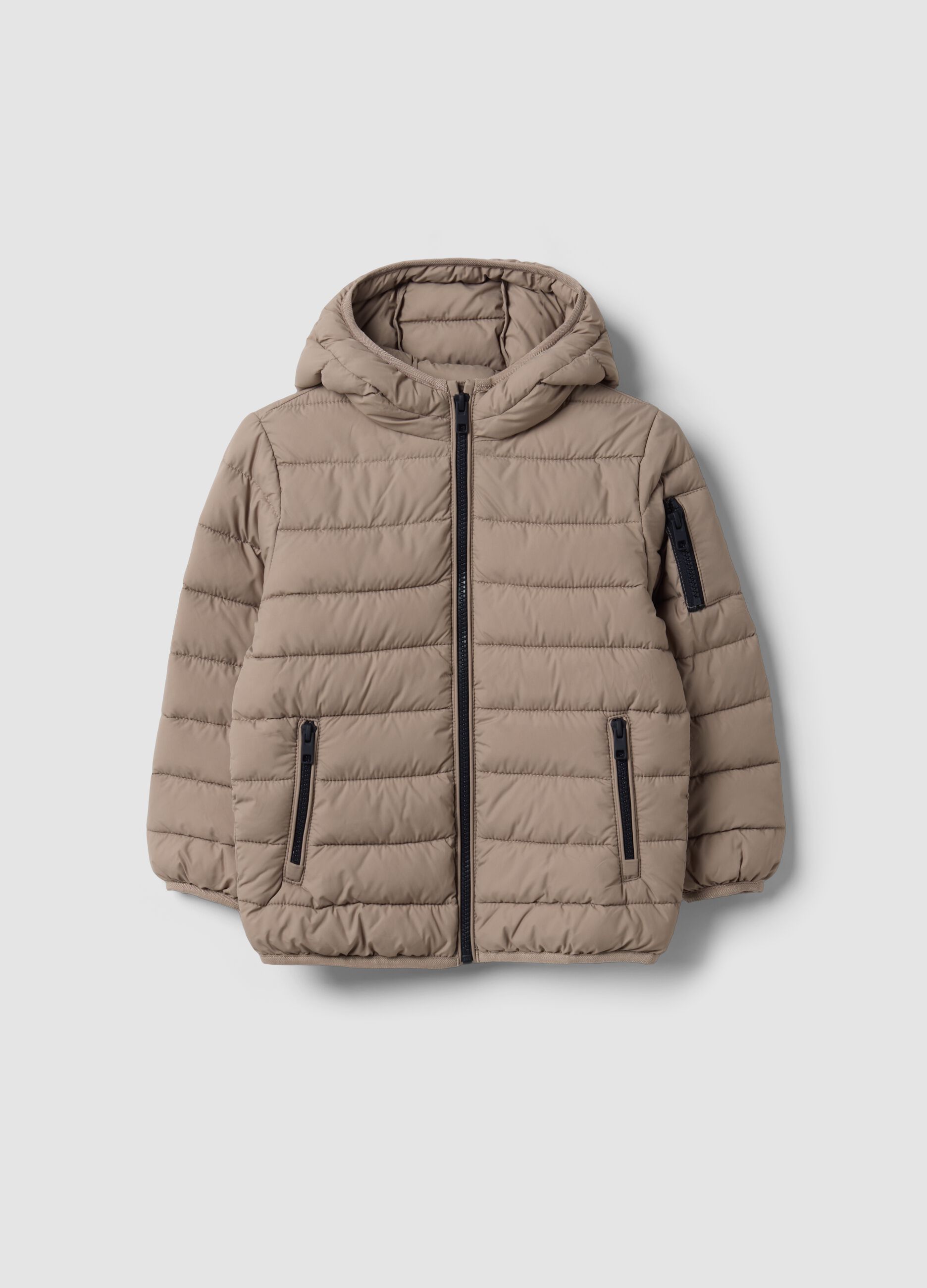 Beige ultralight padded hooded zip jacket for boys