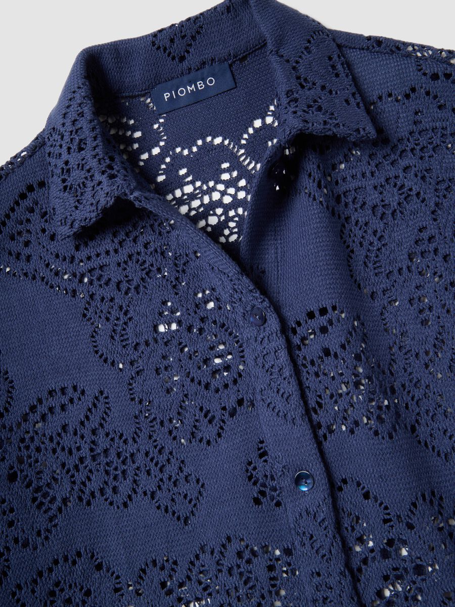 Polo blu in crochet traforato di misto cotone regular fit_5