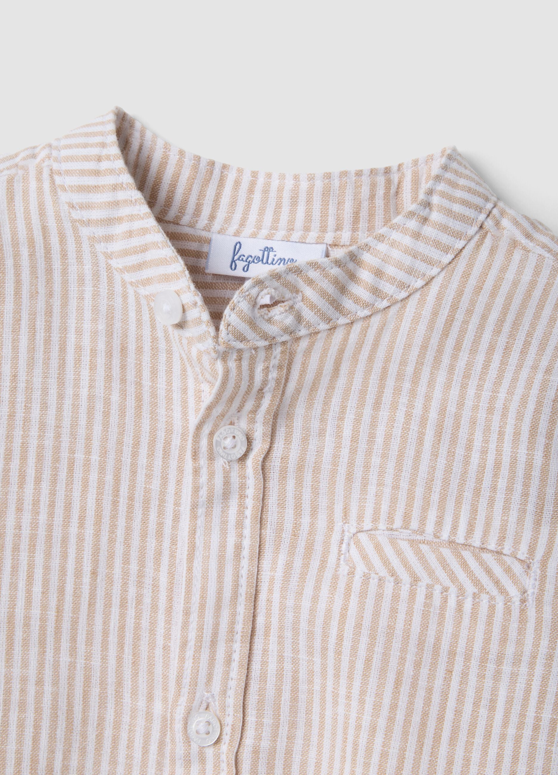 Boys&rsquo; white and beige striped linen-cotton blend shirt