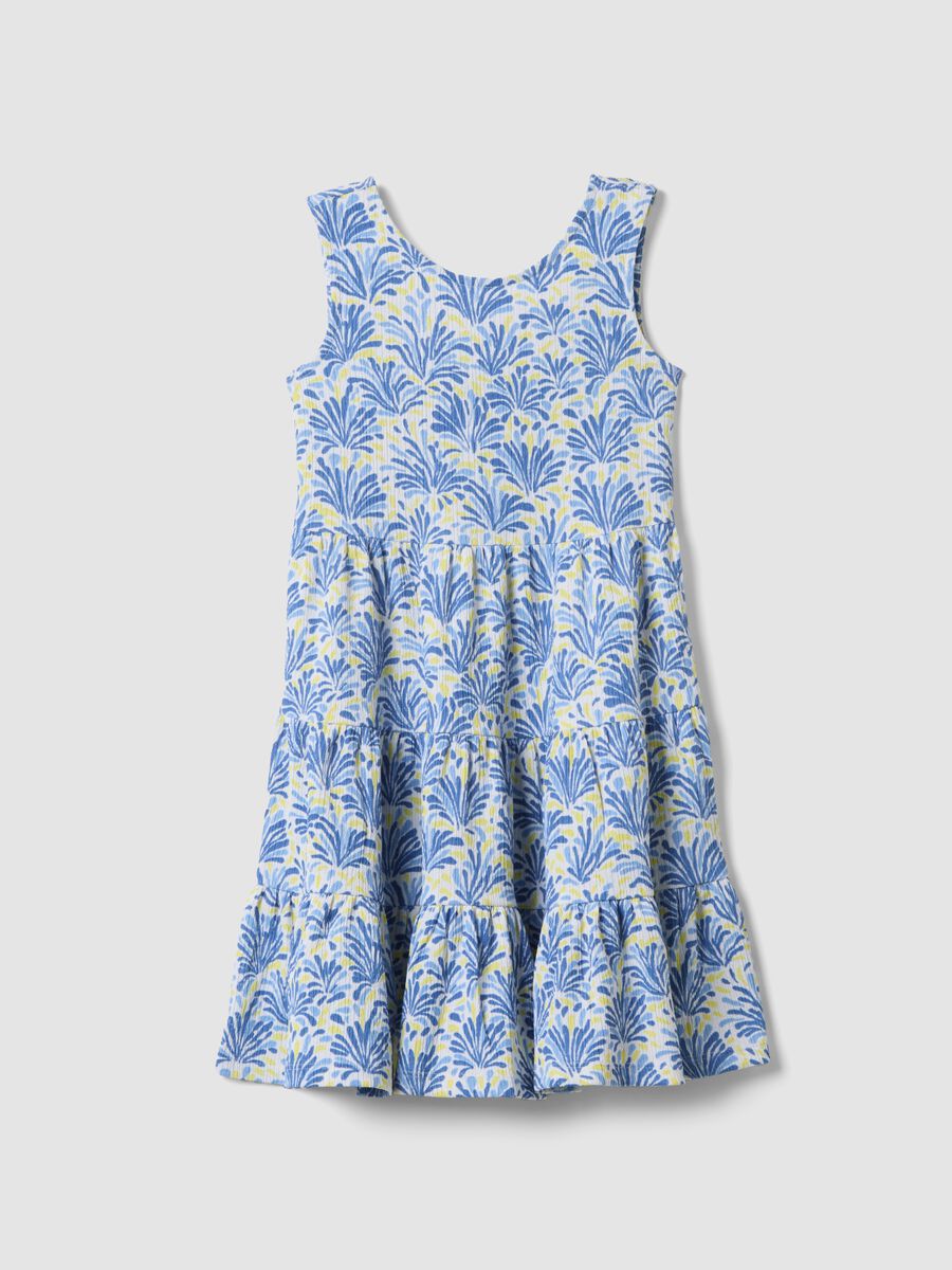 Blue sleeveless stretch jersey dress with floral print for girls_0