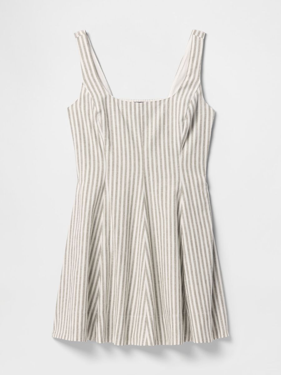 White and grey striped dress in linen and viscose_0