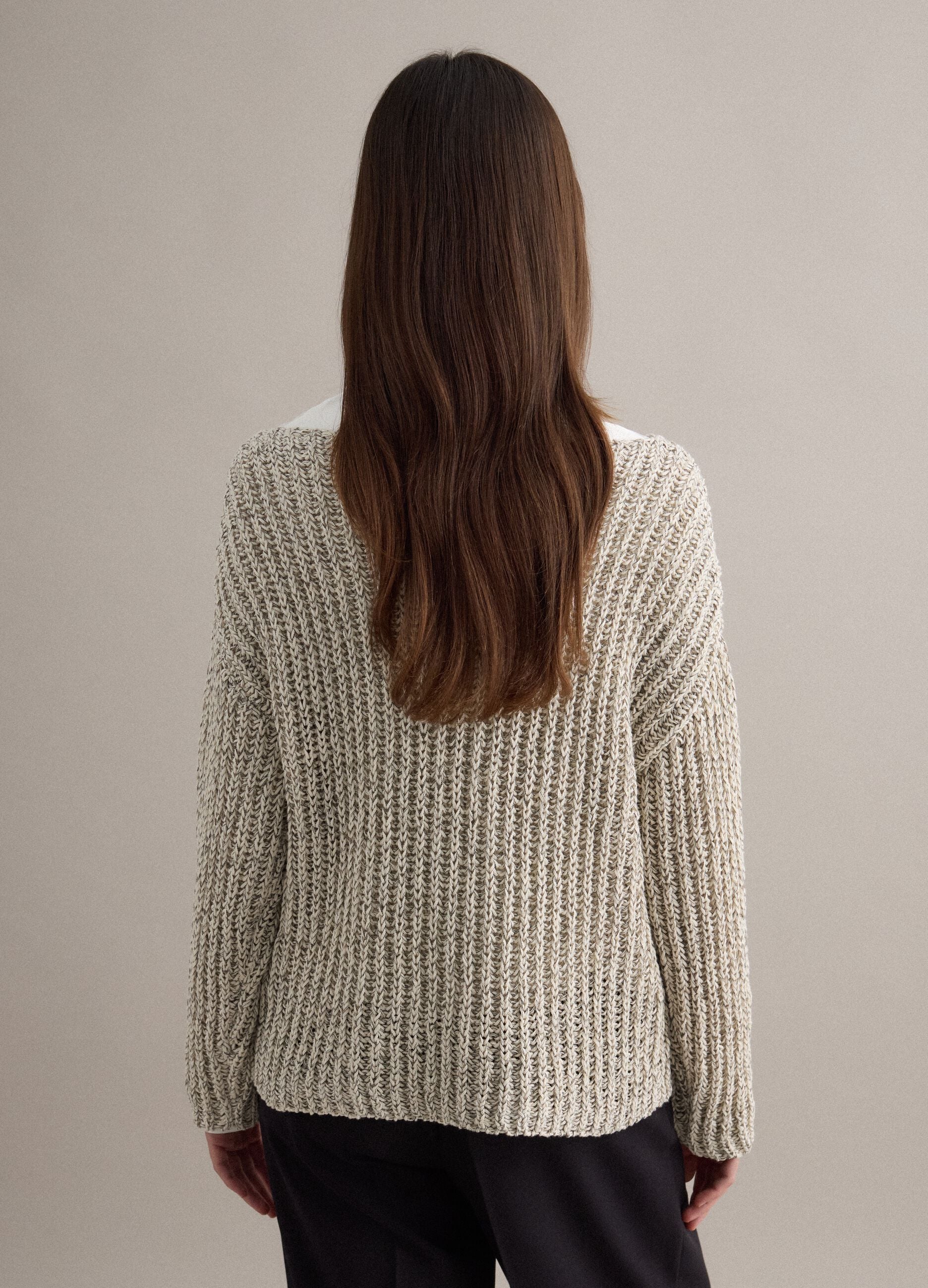 Beige cotton blend regular fit woven jumper with boat neck