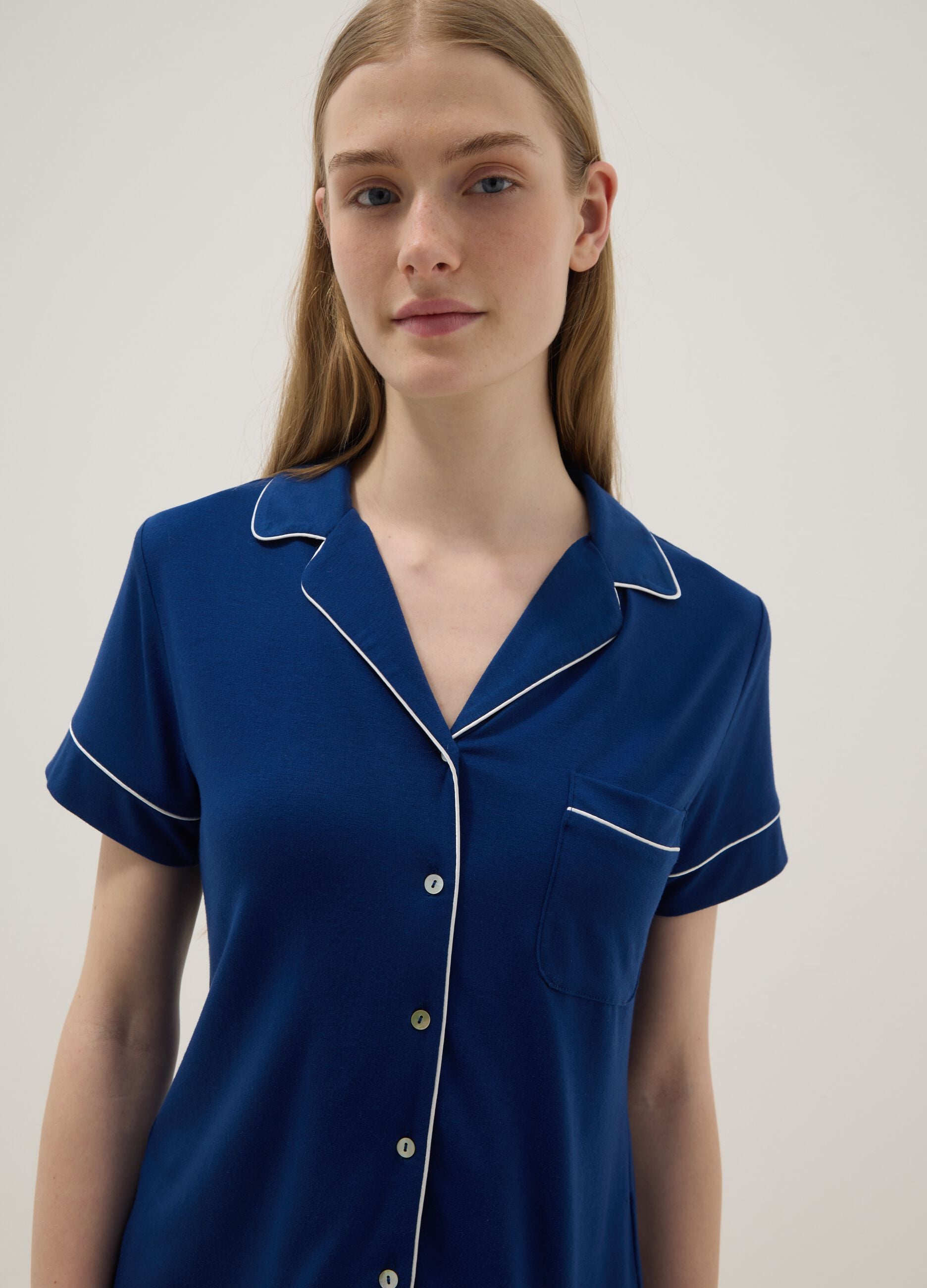 Blue Regular Fit Stretch Viscose Blend Pyjama Top