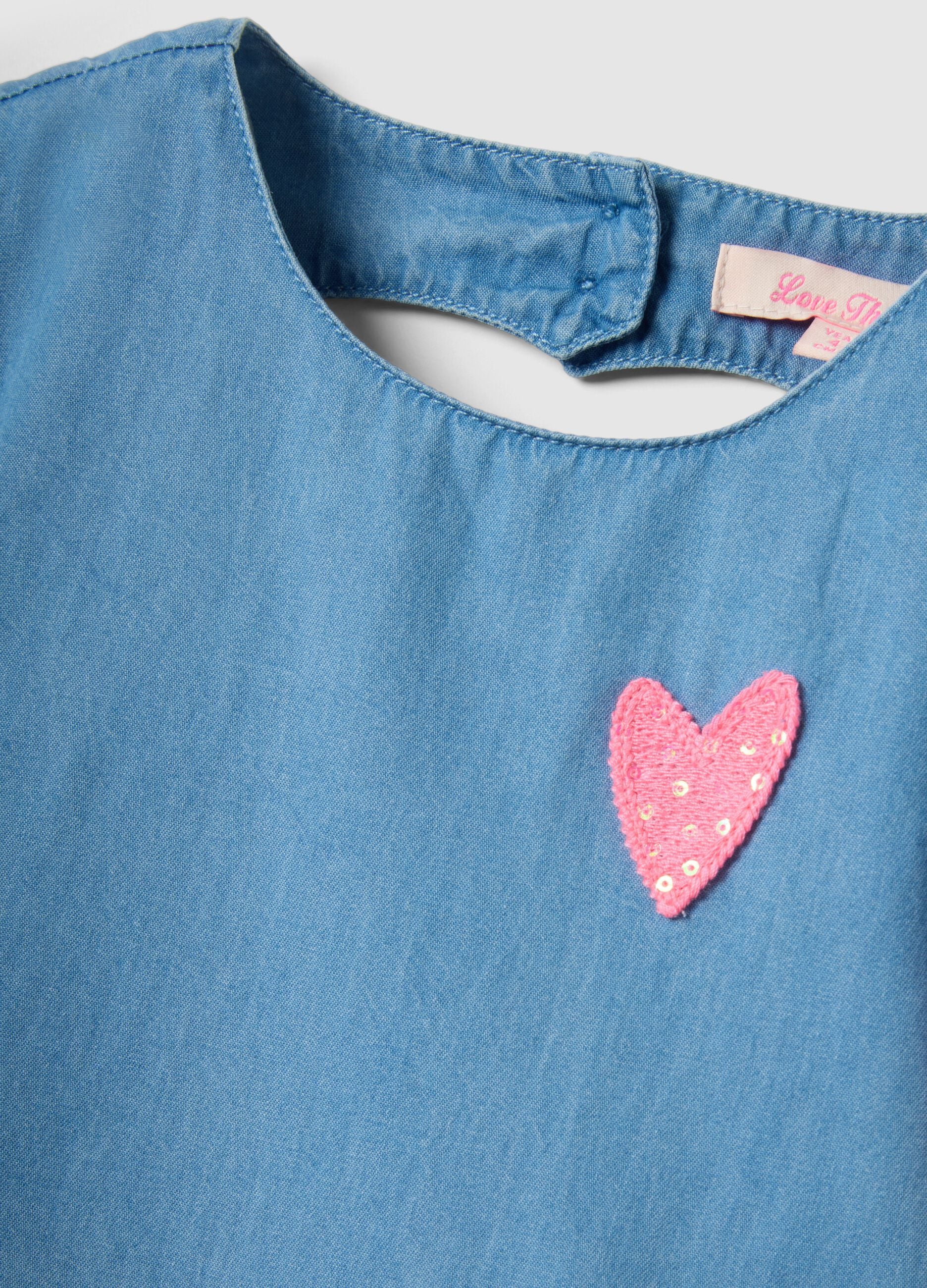 Girls' regular fit blue denim pure cotton dress with ruffles