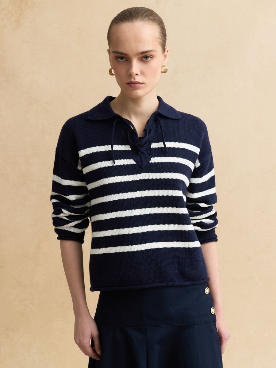 Multi-coloured striped pure cotton sweater, regular fit, deep V_0