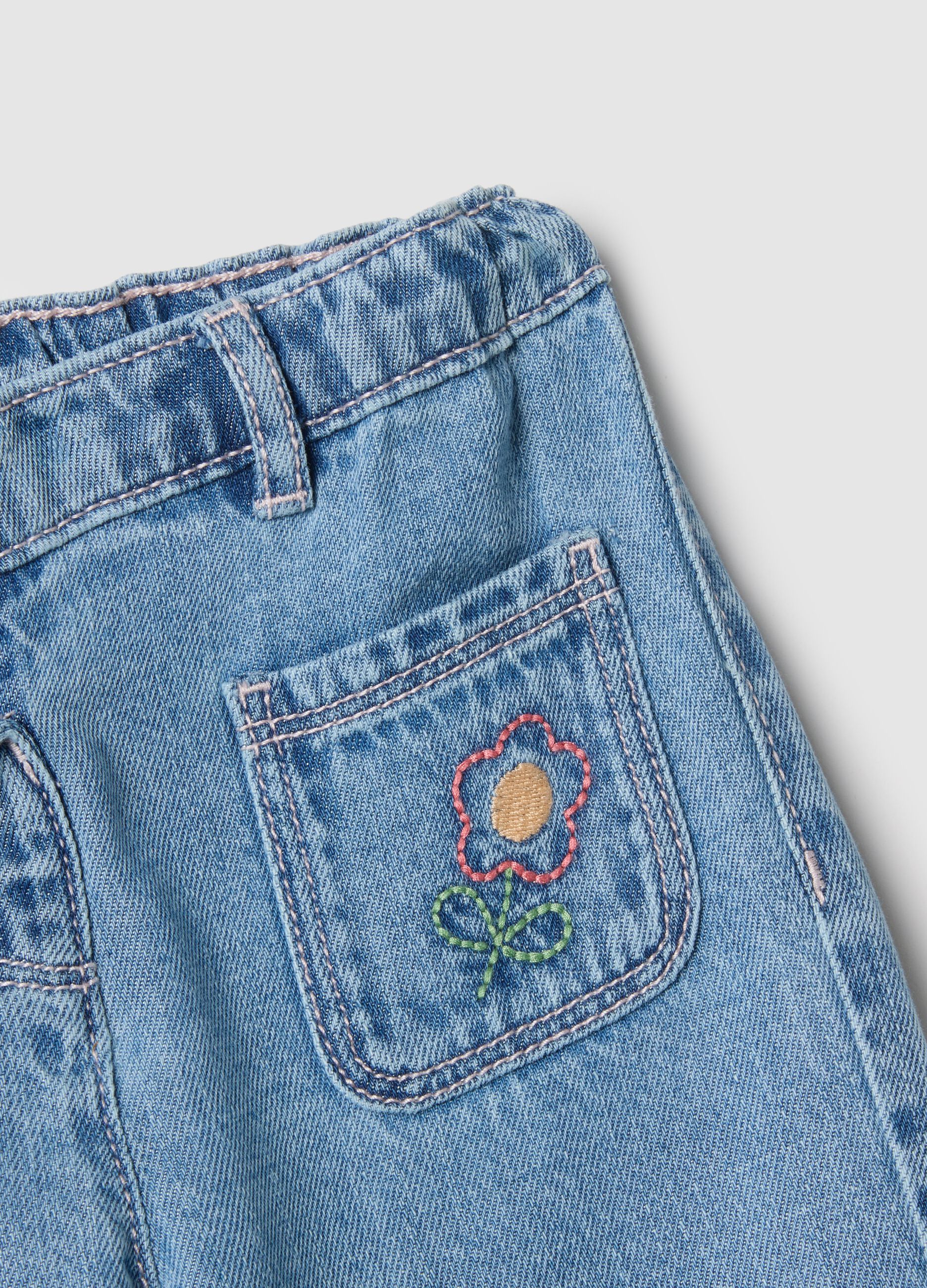 Girls' regular fit blue cotton-blend trousers with embroidery