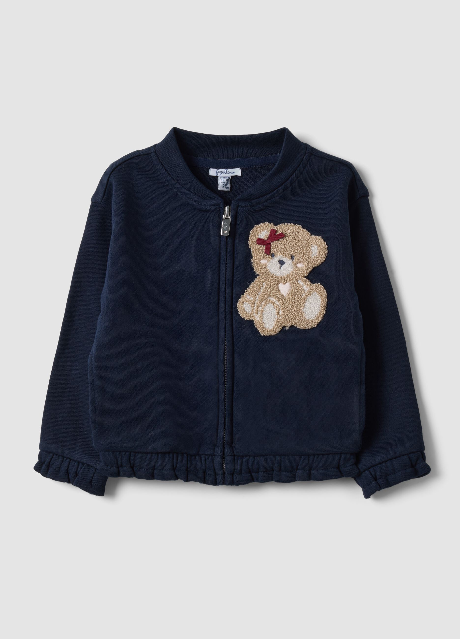 Blue pure cotton sweatshirt with crew neck, zip and teddy bear detail for baby girl