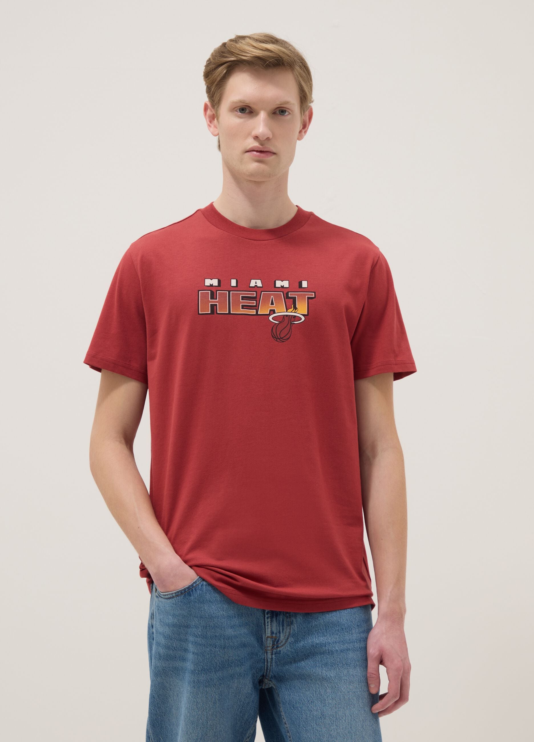 Red pure cotton regular fit T-shirt with Miami Heat print