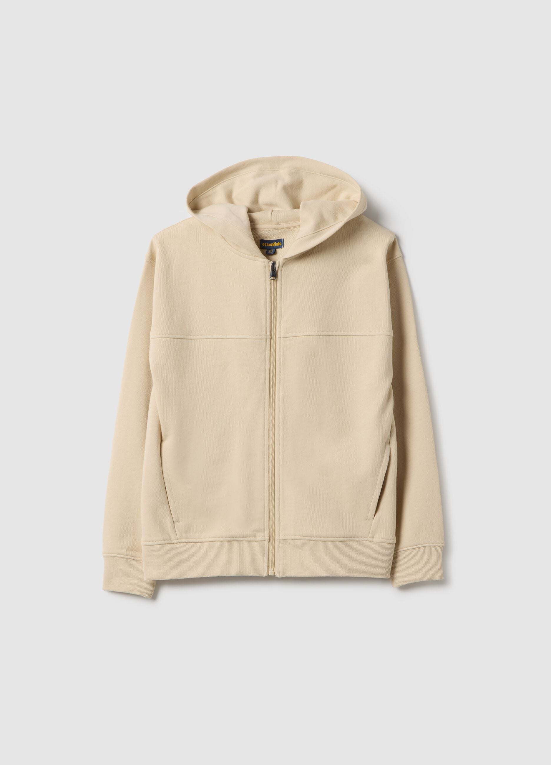 Beige hoodie for boys in pure cotton, oversized fit with hood and zip