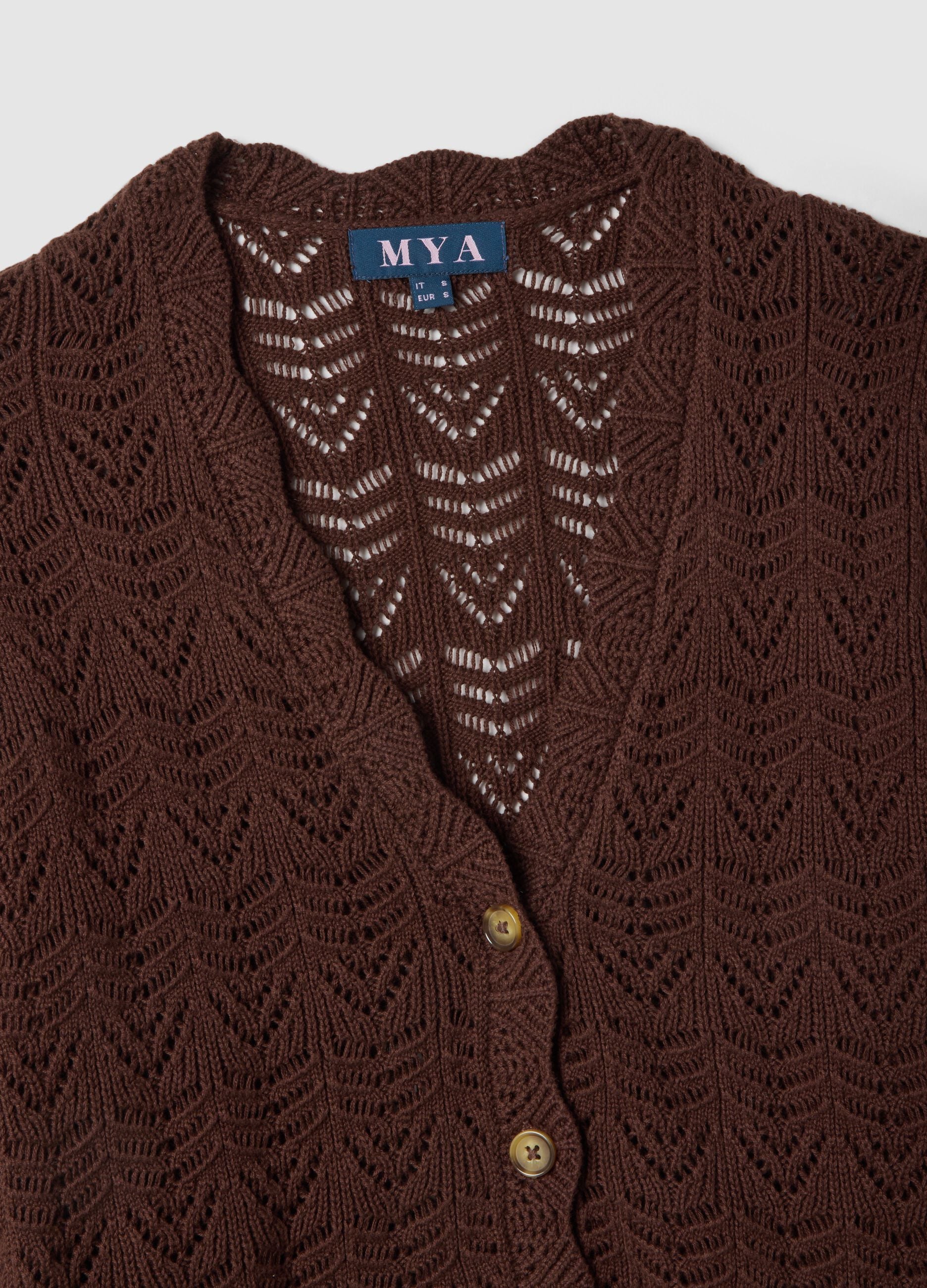 Brown pure cotton cardigan regular fit with lace pattern